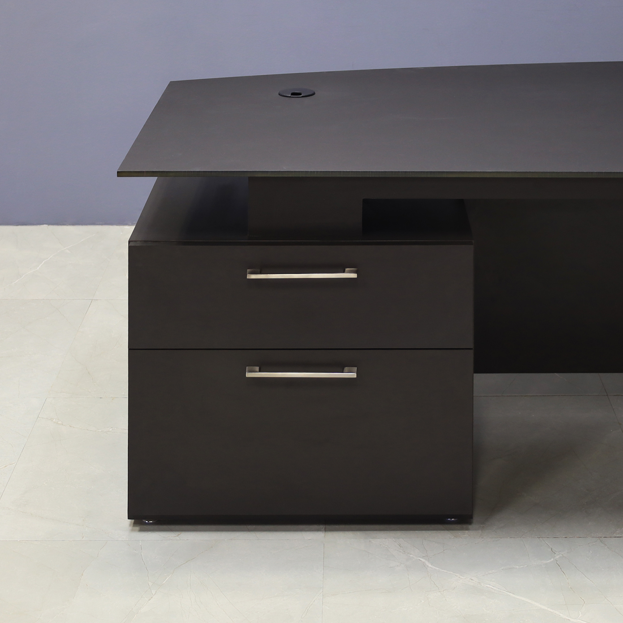 72-inch Avenue Curved Executive Desk with black traceless engineered surface top, graphite matte laminate base, storage & privacy panel.