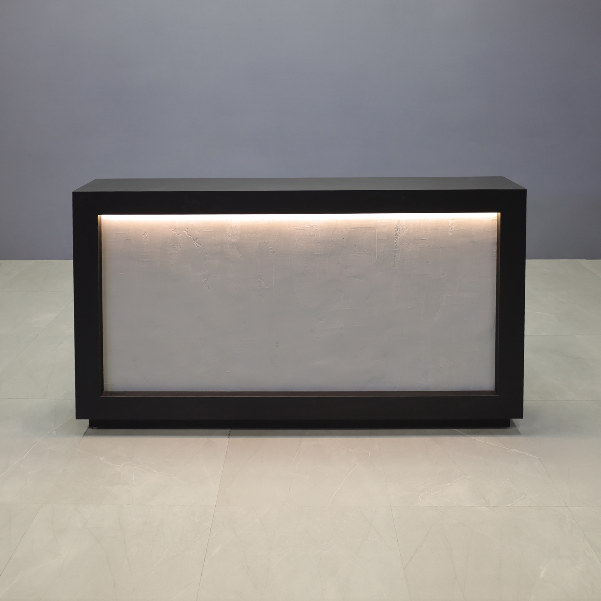 72-inch Vegas Designer Custom Reception Desk with Black Traceless laminate main desk. Concrete Front Accent and White LED.