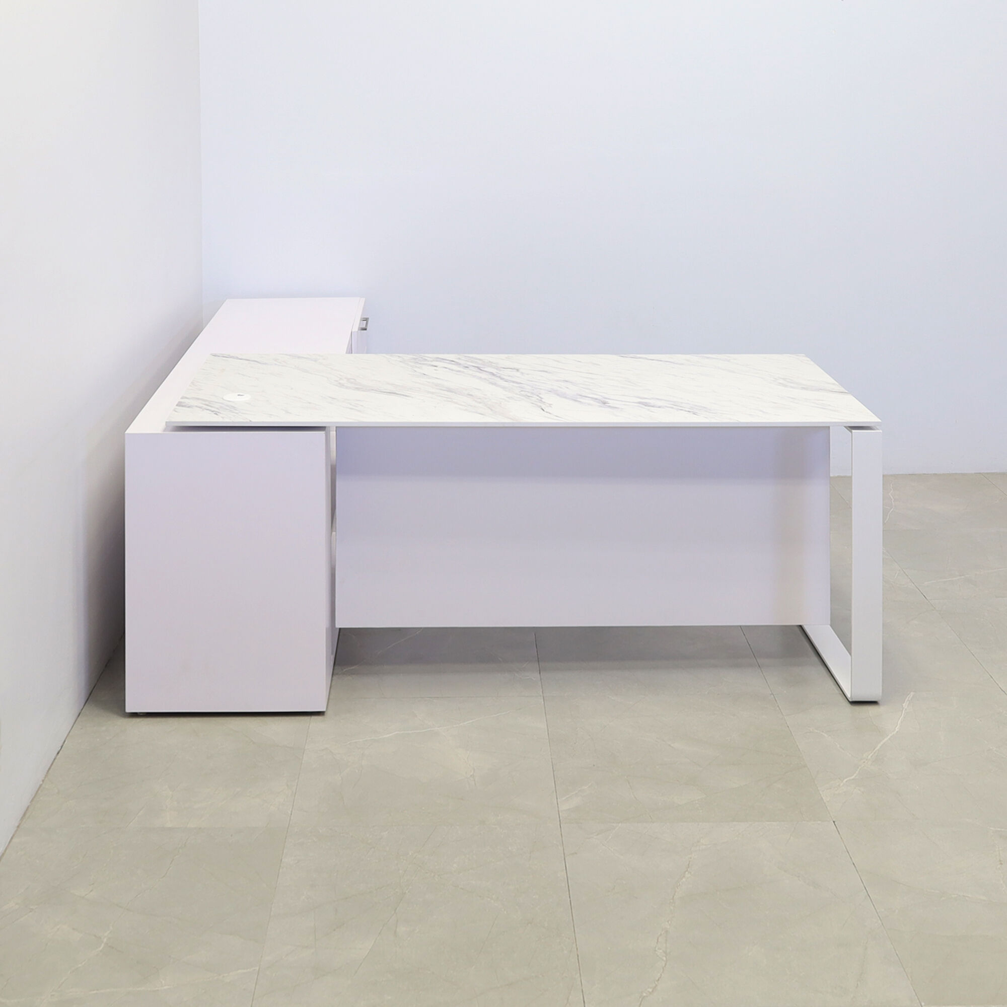 72-inch Aspen Executive Desk With Credenza and 1/2" calcutta blanc engineered surface top, white matte laminate credenza, with two pull-out drawers, one file cabinet and one shelf & privacy panel, and white metal legs, shown here.