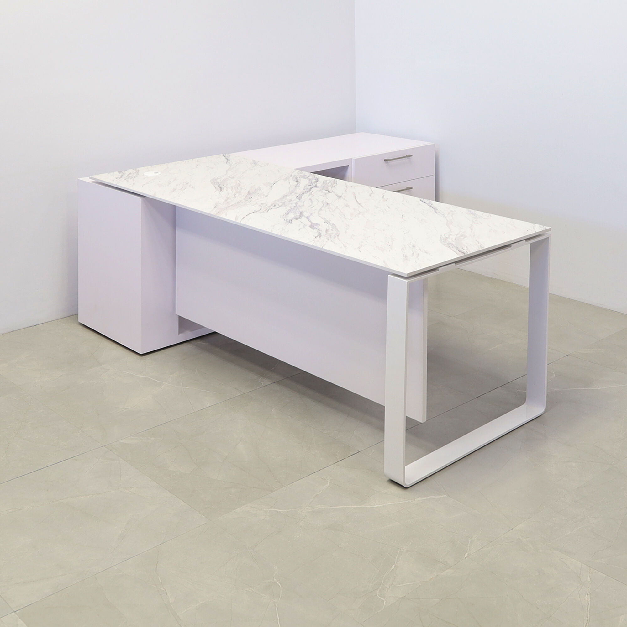 72-inch Aspen Executive Desk With Credenza and 1/2" calcutta blanc engineered surface top, white matte laminate credenza, with two pull-out drawers, one file cabinet and one shelf & privacy panel, and white metal legs, shown here.