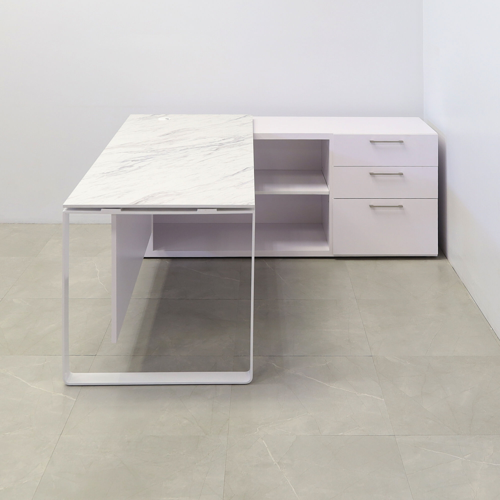 72-inch Aspen Executive Desk With Credenza and 1/2" calcutta blanc engineered surface top, white matte laminate credenza, with two pull-out drawers, one file cabinet and one shelf & privacy panel, and white metal legs, shown here.