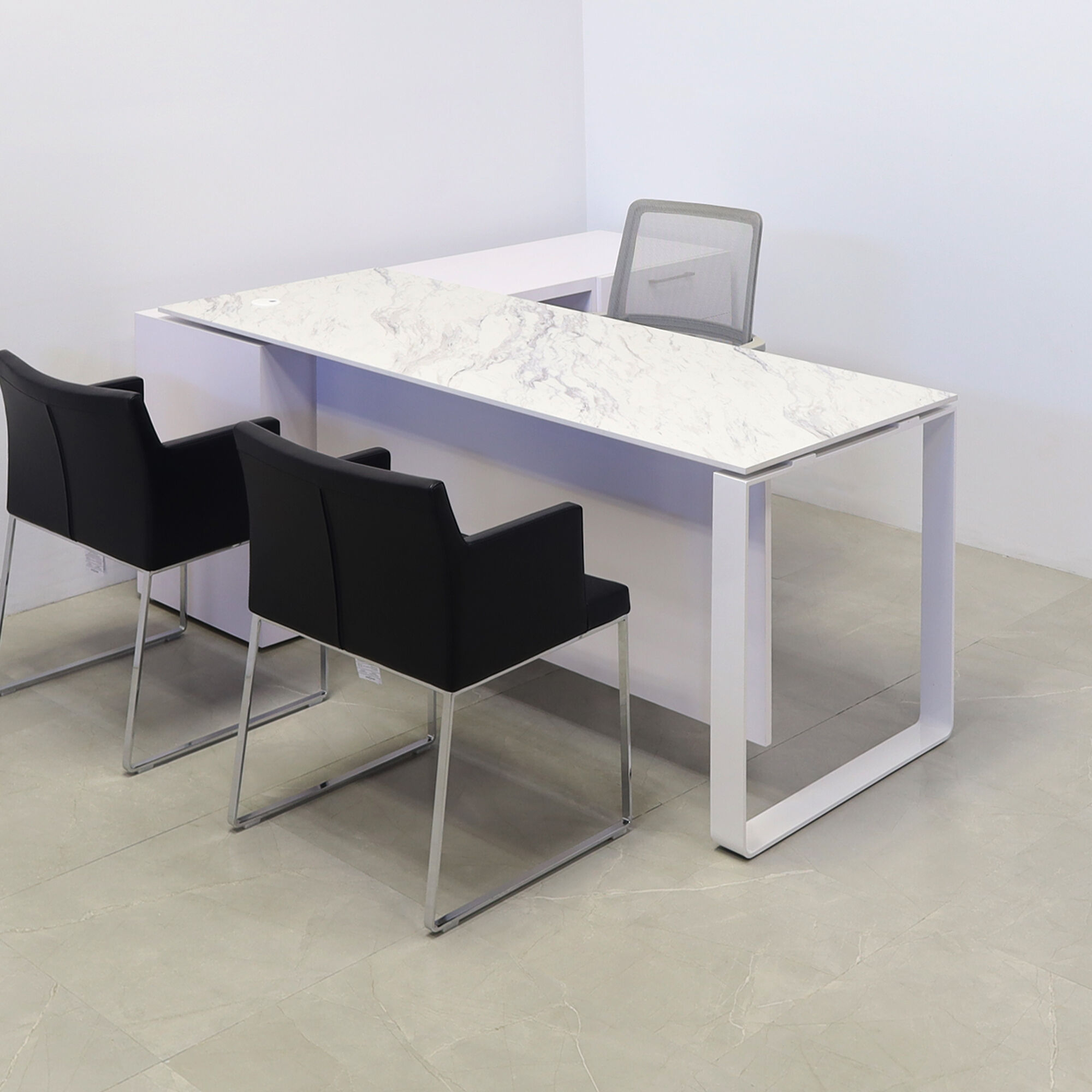 72-inch Aspen Executive Desk With Credenza and 1/2" calcutta blanc engineered surface top, white matte laminate credenza, with two pull-out drawers, one file cabinet and one shelf & privacy panel, and white metal legs, shown here.