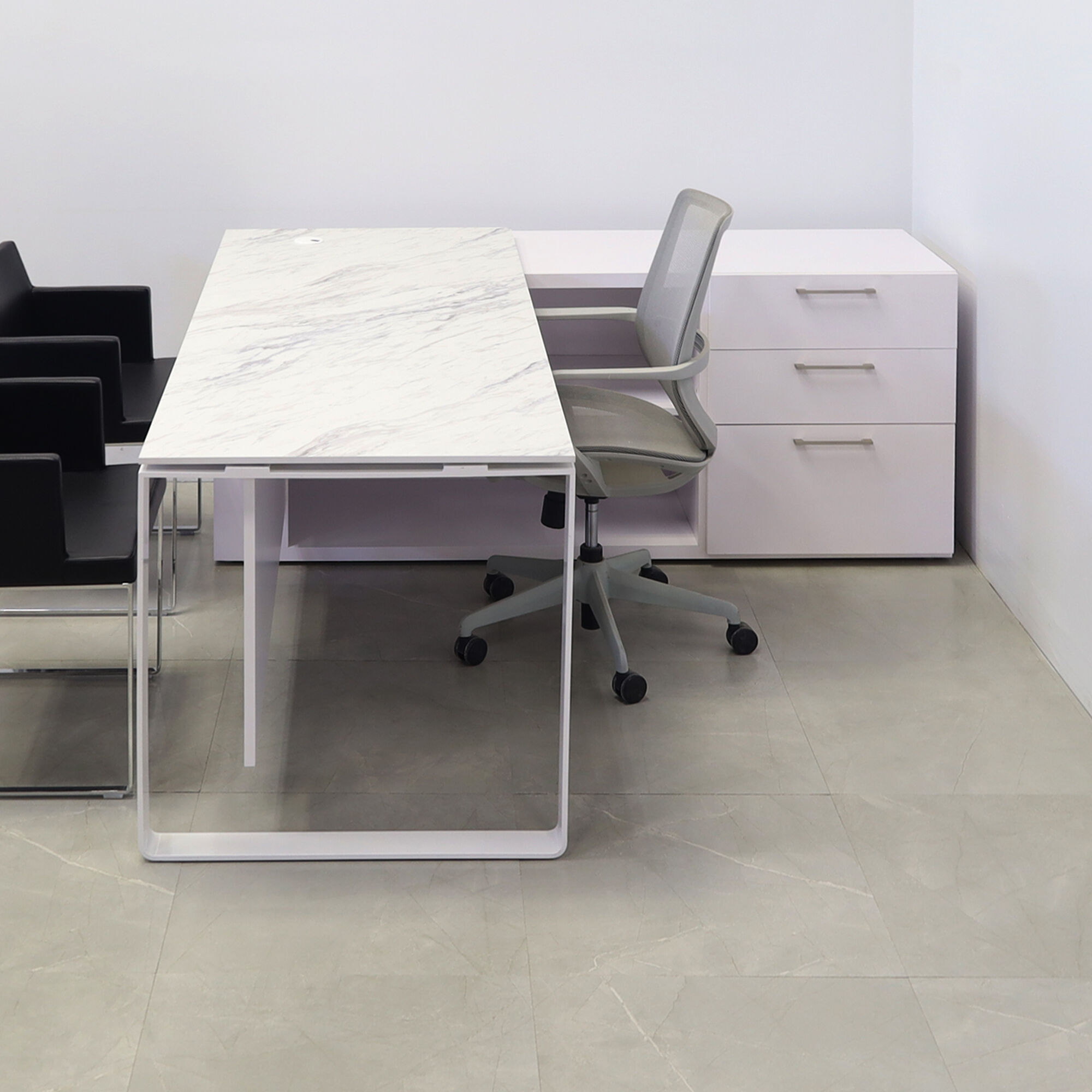 72-inch Aspen Executive Desk With Credenza and 1/2" calcutta blanc engineered surface top, white matte laminate credenza, with two pull-out drawers, one file cabinet and one shelf & privacy panel, and white metal legs, shown here.