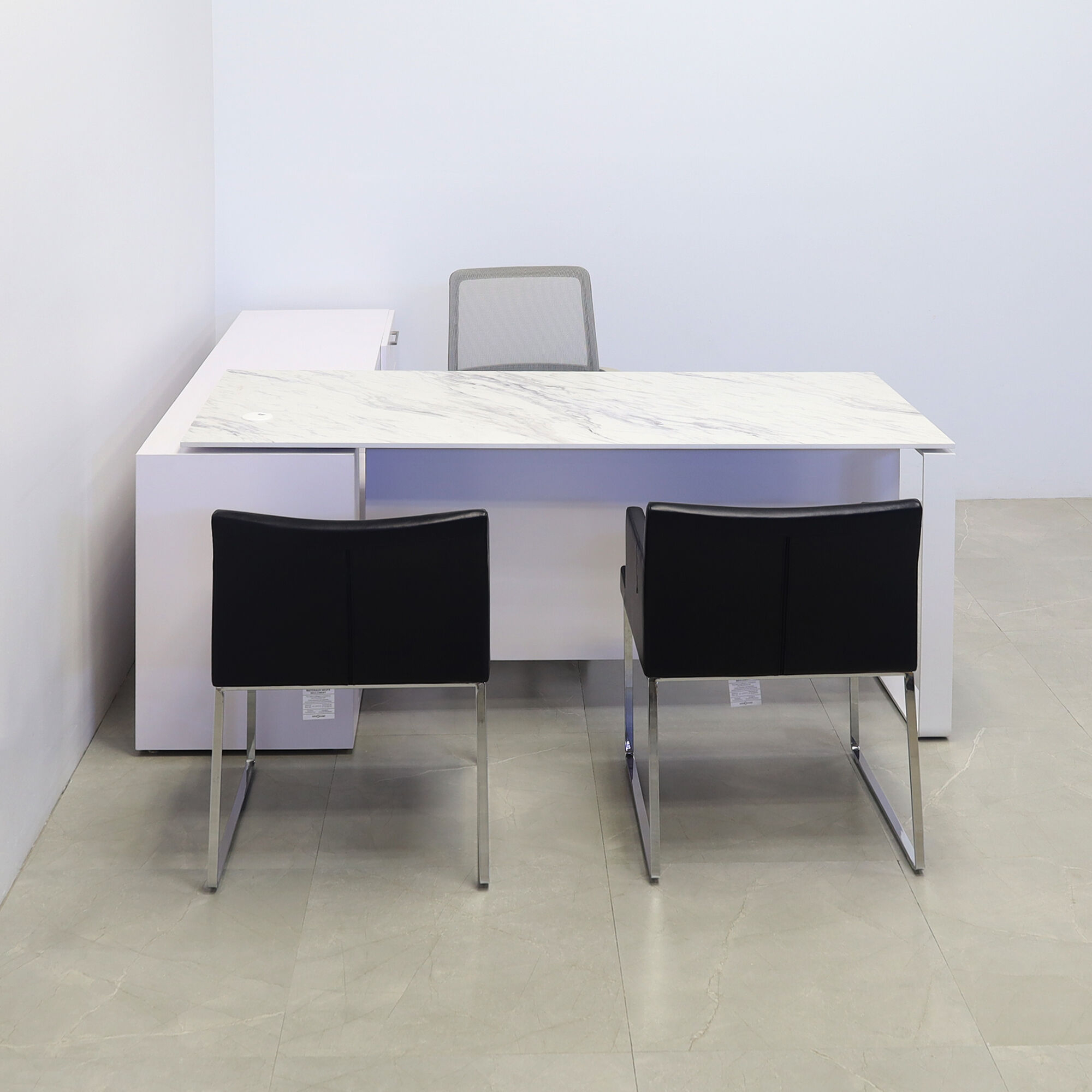 72-inch Aspen Executive Desk With Credenza and 1/2" calcutta blanc engineered surface top, white matte laminate credenza, with two pull-out drawers, one file cabinet and one shelf & privacy panel, and white metal legs, shown here.