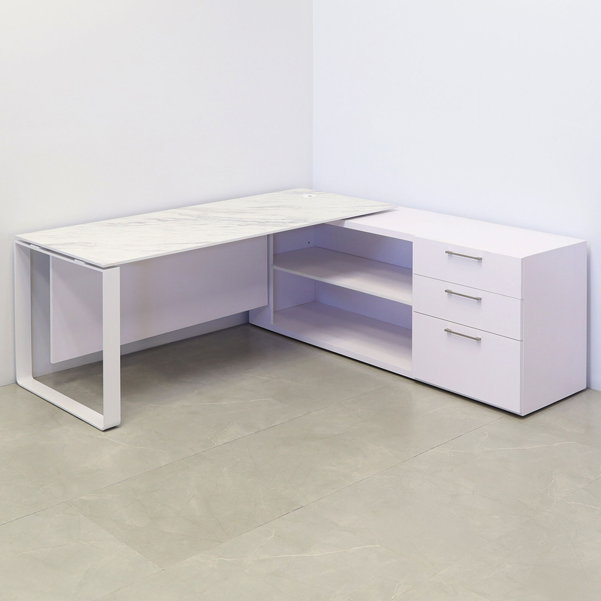 72-inch Aspen Executive Desk With Credenza and 1/2" calcutta blanc engineered surface top, white matte laminate credenza, with two pull-out drawers, one file cabinet and one shelf & privacy panel, and white metal legs, shown here.