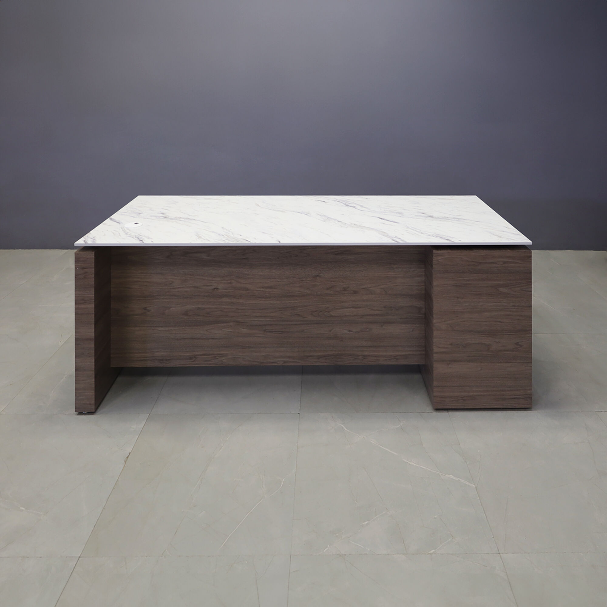72-inch Denver Straight Executive Desk with cabinet on left side when sitting, in 1/2" calcutta blanc engineered surface top, and hazel walnut matte laminate base, storage & privacy panel, shown here.