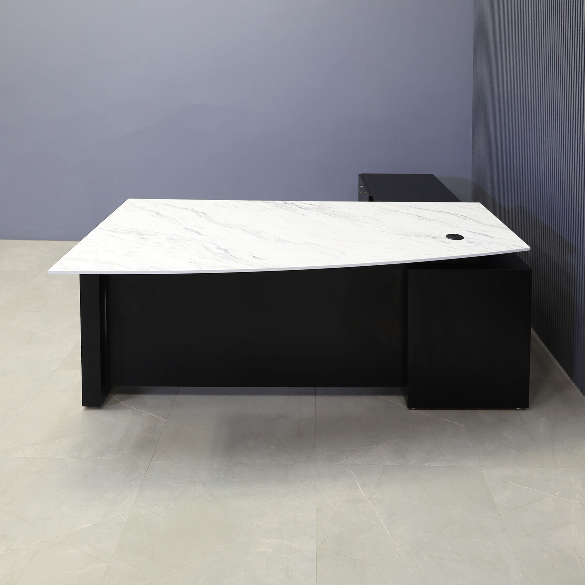 72-inch Avenue Curved Executive Desk with credenza on the left side when sitting, with 1/2" Calcutta blanc engineered surface top, and black matte laminate base, credenza and privacy panel, shown here.