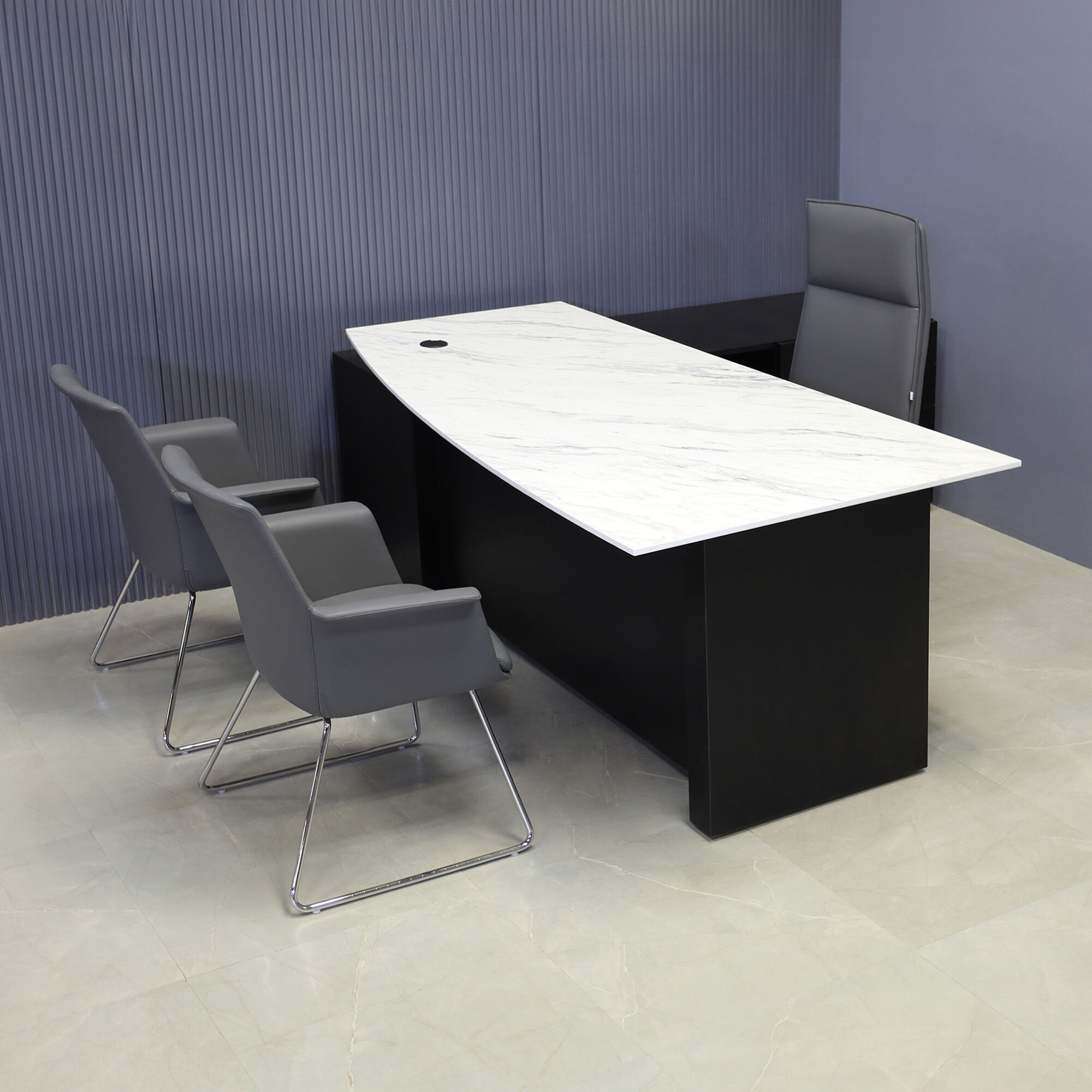 72-inch Avenue Curved Executive Desk with credenza on the right side when sitting, with 1/2" Calcutta blanc engineered surface top, and black matte laminate base, credenza and privacy panel, shown here.