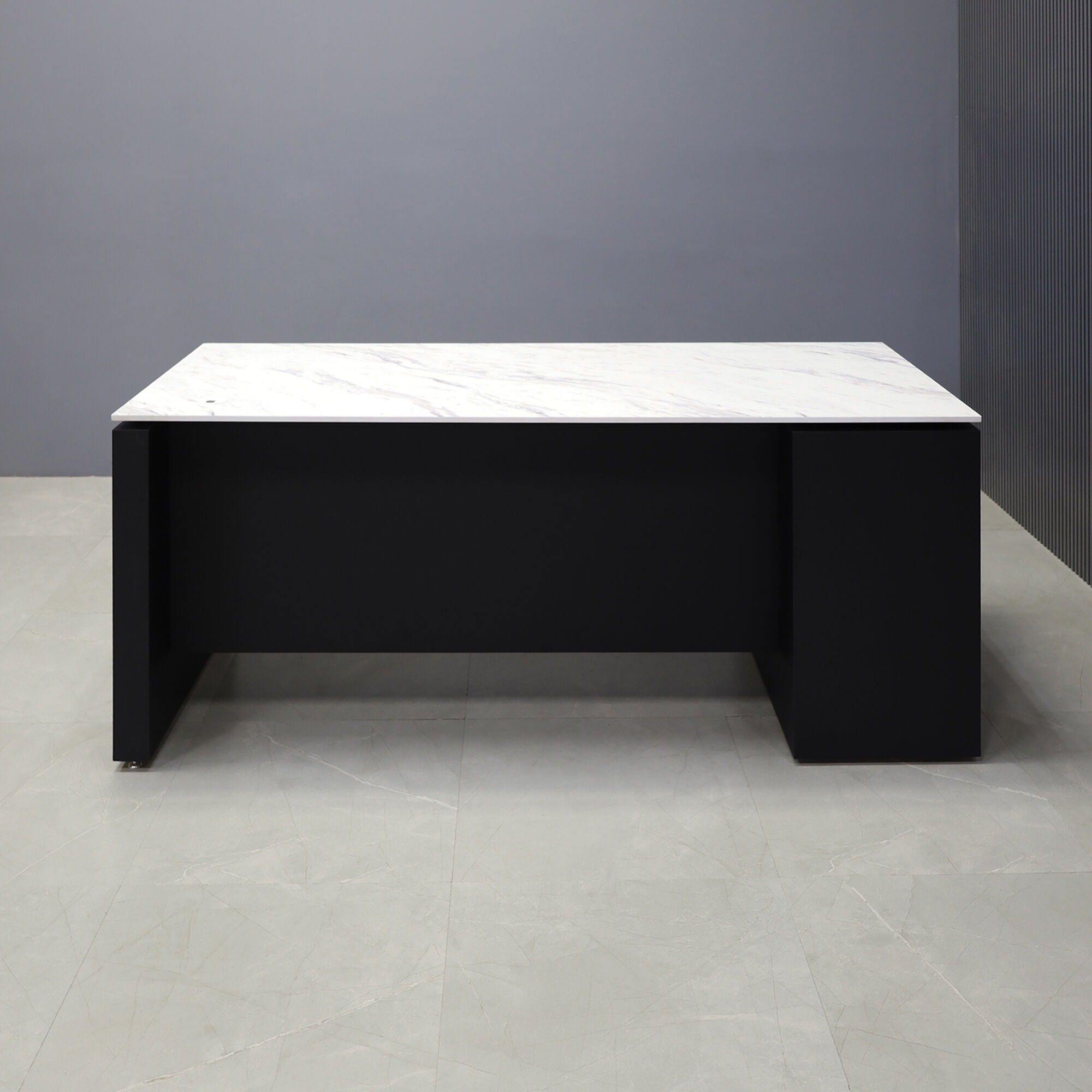 72-inch Denver Straight Executive Desk with cabinet on left side when sitting, in 1/2" calcutta blanc engineered surface top, and black traceless laminate base, storage & privacy panel, shown here.