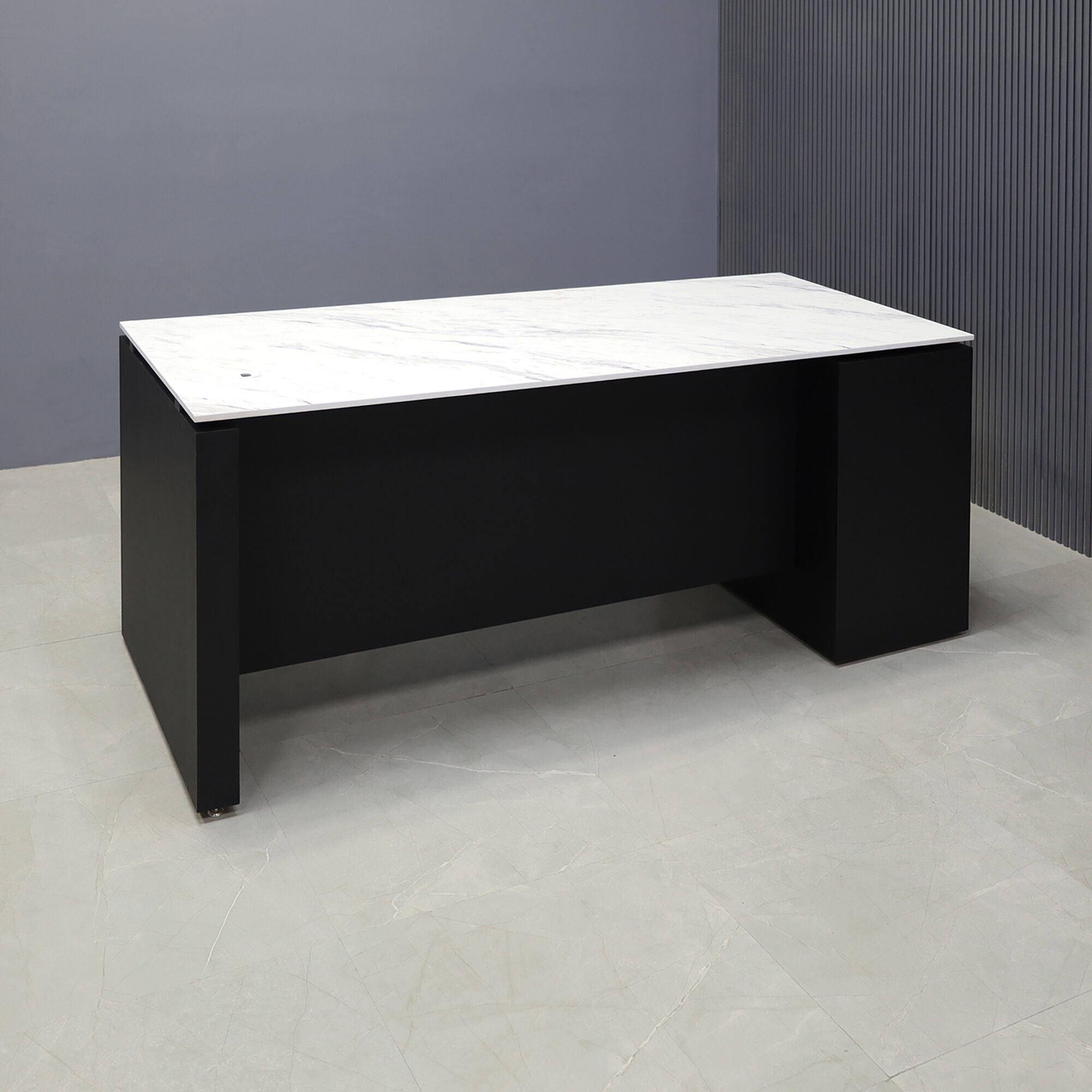 72-inch Denver Straight Executive Desk with cabinet on left side when sitting, in 1/2" calcutta blanc engineered surface top, and black traceless laminate base, storage & privacy panel, shown here.