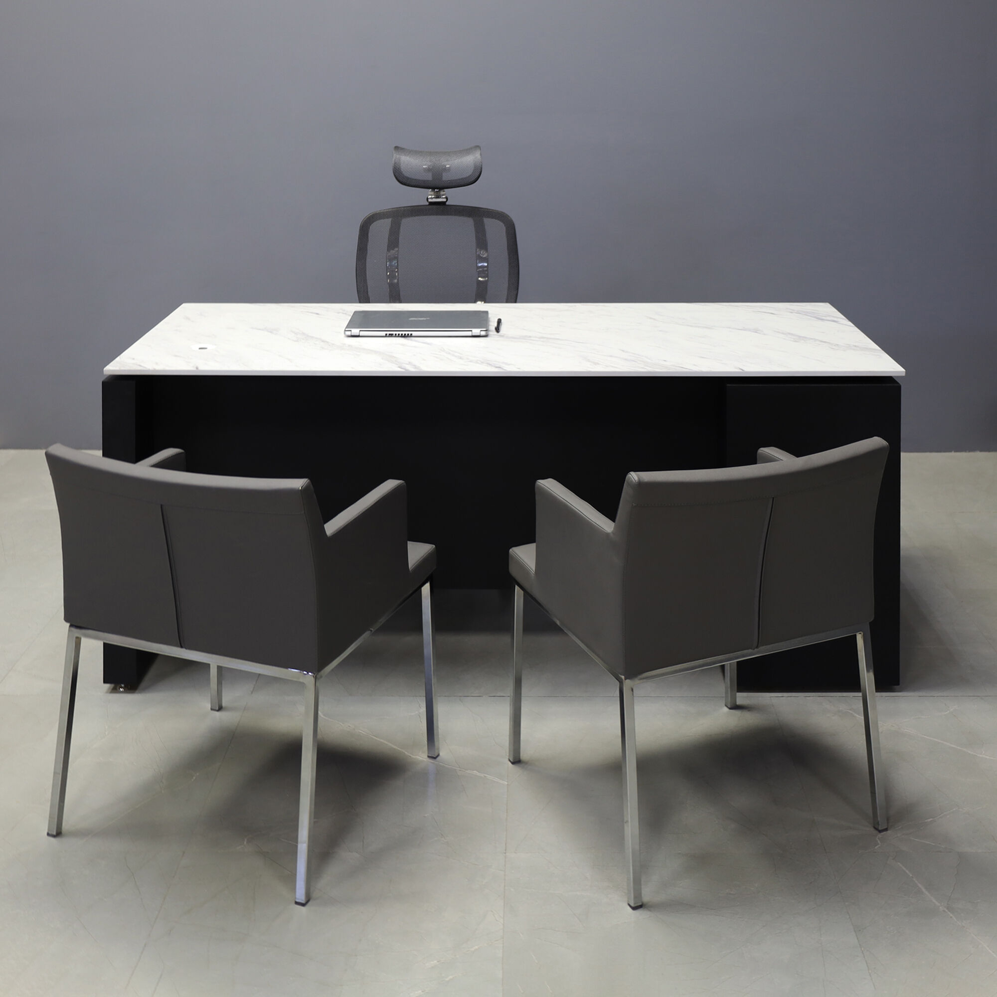 72-inch Denver Straight Executive Desk with cabinet on left side when sitting, in 1/2" calcutta blanc engineered surface top, and black traceless laminate base, storage & privacy panel, shown here.