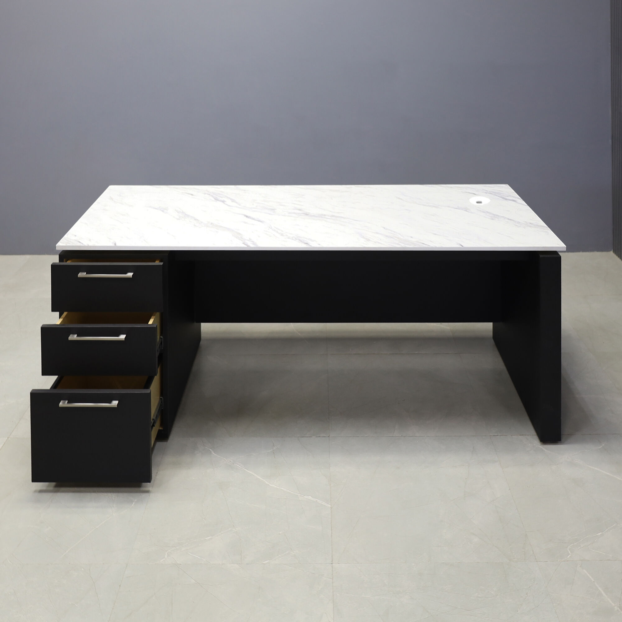 72-inch Denver Straight Executive Desk with cabinet on left side when sitting, in 1/2" calcutta blanc engineered surface top, and black traceless laminate base, storage & privacy panel, shown here.