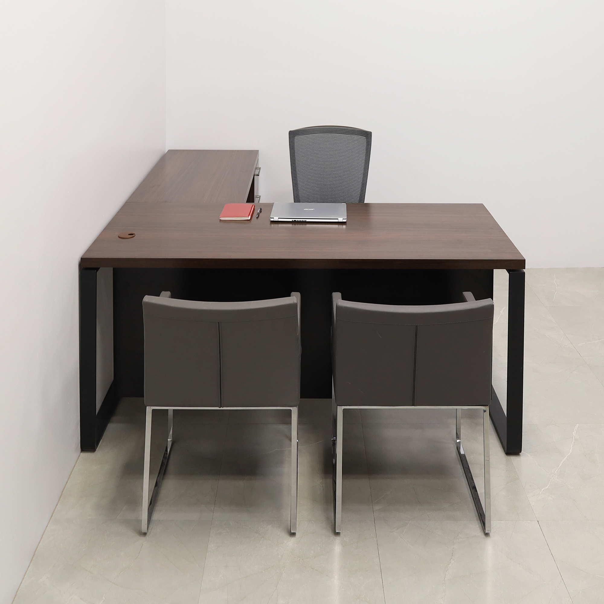 72 inches Aspen L-Shape W/ Cabinet Executive Desk In Colombian Walnut Laminate Top and storage. Black matte laminate privacy panel and black stainless metal legs shown here.