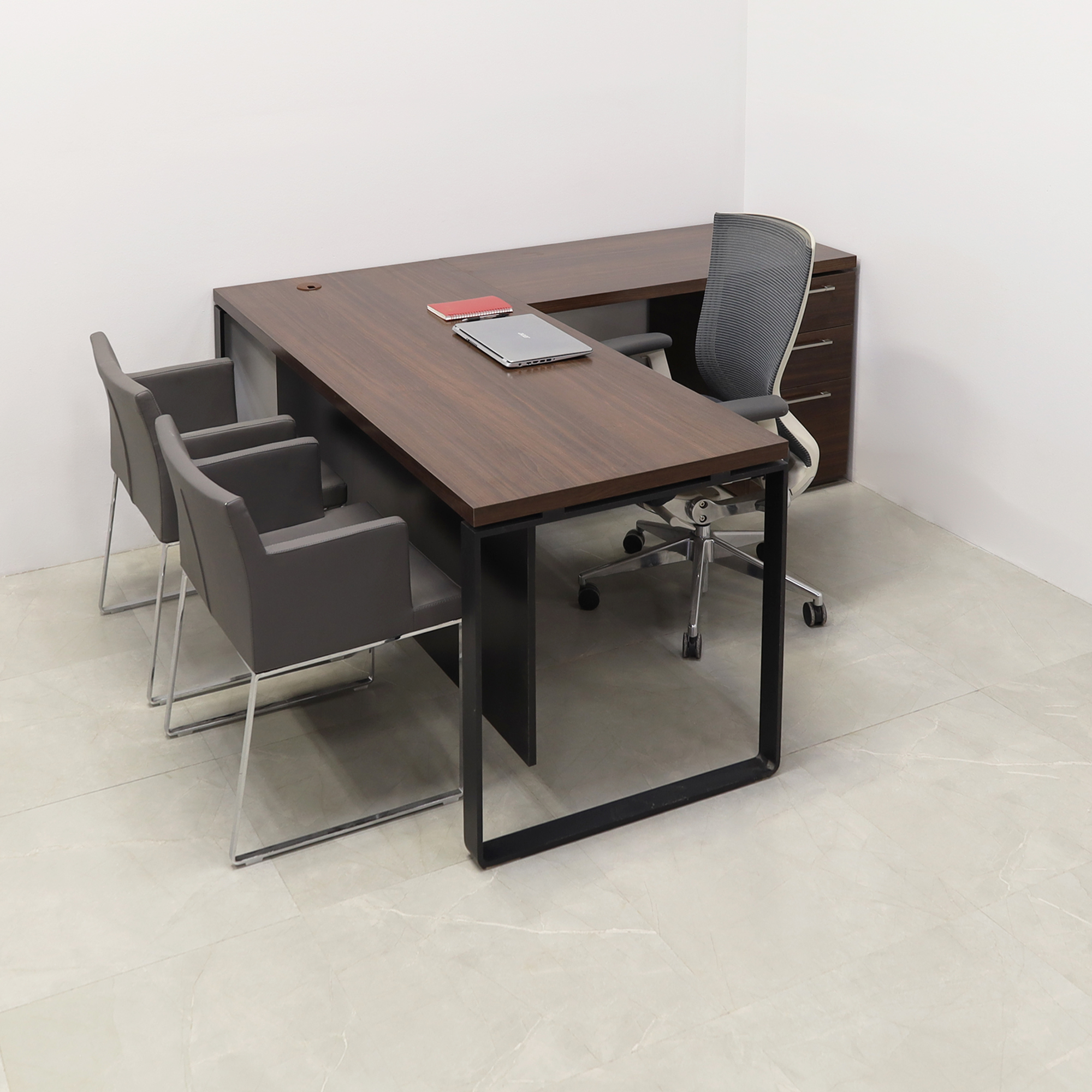 72 inches Aspen L-Shape W/ Cabinet Executive Desk In Colombian Walnut Laminate Top and storage with two pencil drawers and one file cabinet. Black matte laminate privacy panel and black stainless metal legs shown here.