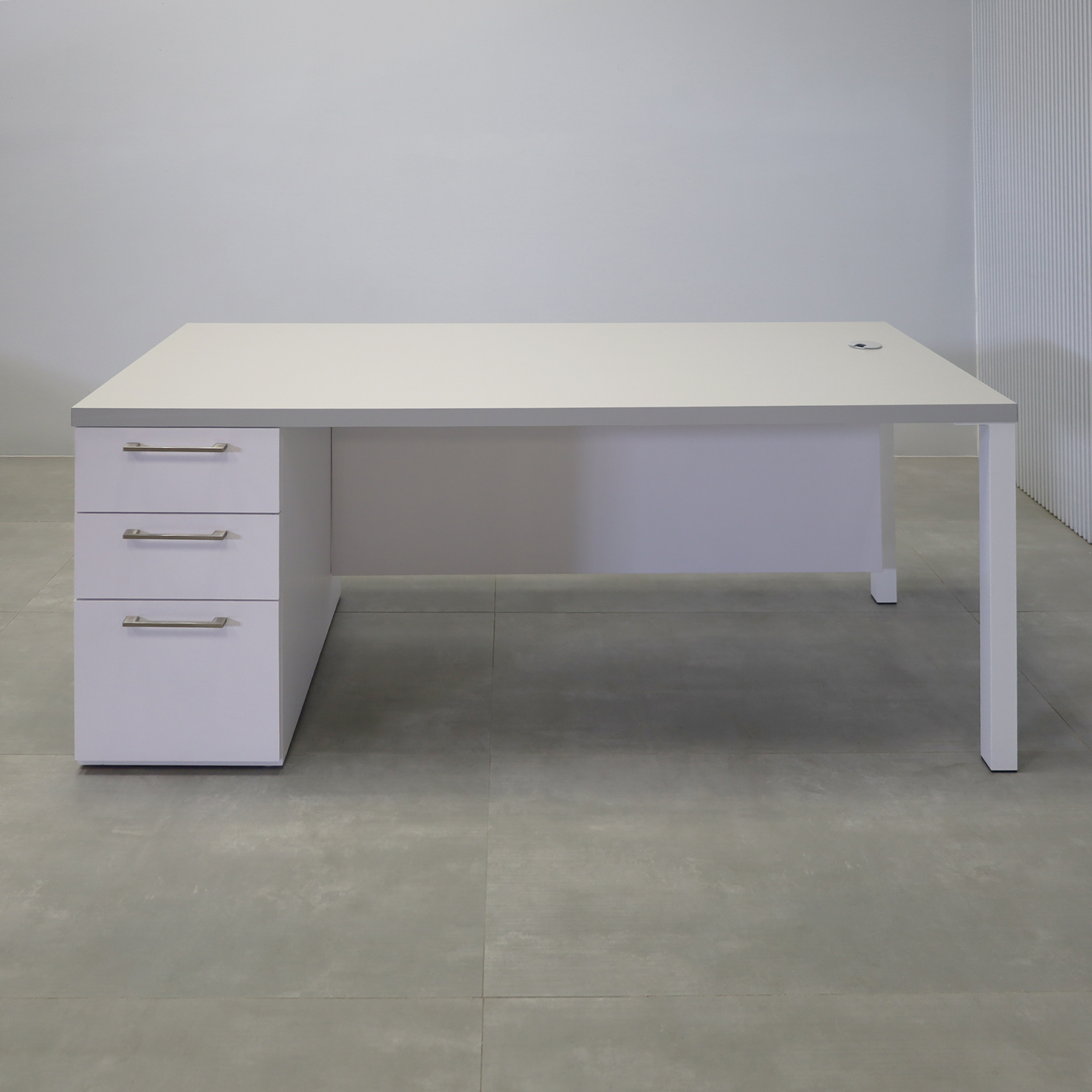 72-inch Dallas Straight Executive Desk with Folkstone Gray Matte Laminate top, White Matte Laminate base & privacy panel, and white metal legs.