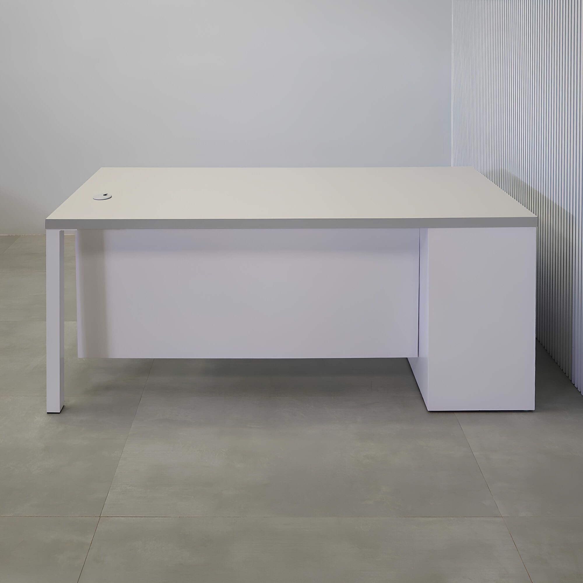 Dallas Straight Executive Desk in folkstone gray top, white matte laminate storage & privacy panel, and white metal legs.