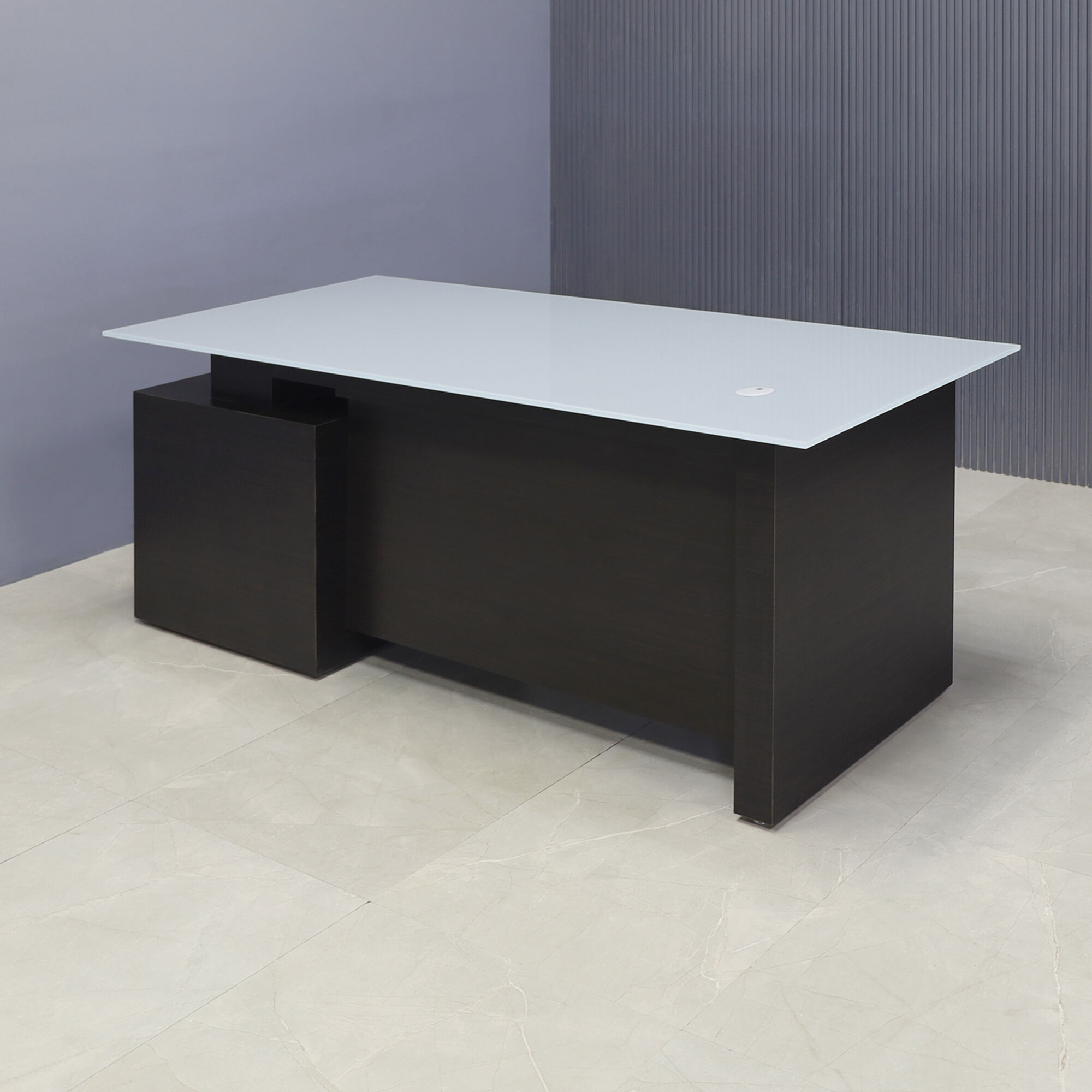 72-inch Avenue Straight Executive Desk with 1/2" light gray tempered glass top and ebony recon matte laminate base & storage on right side when sitting with privacy panel, shown here.