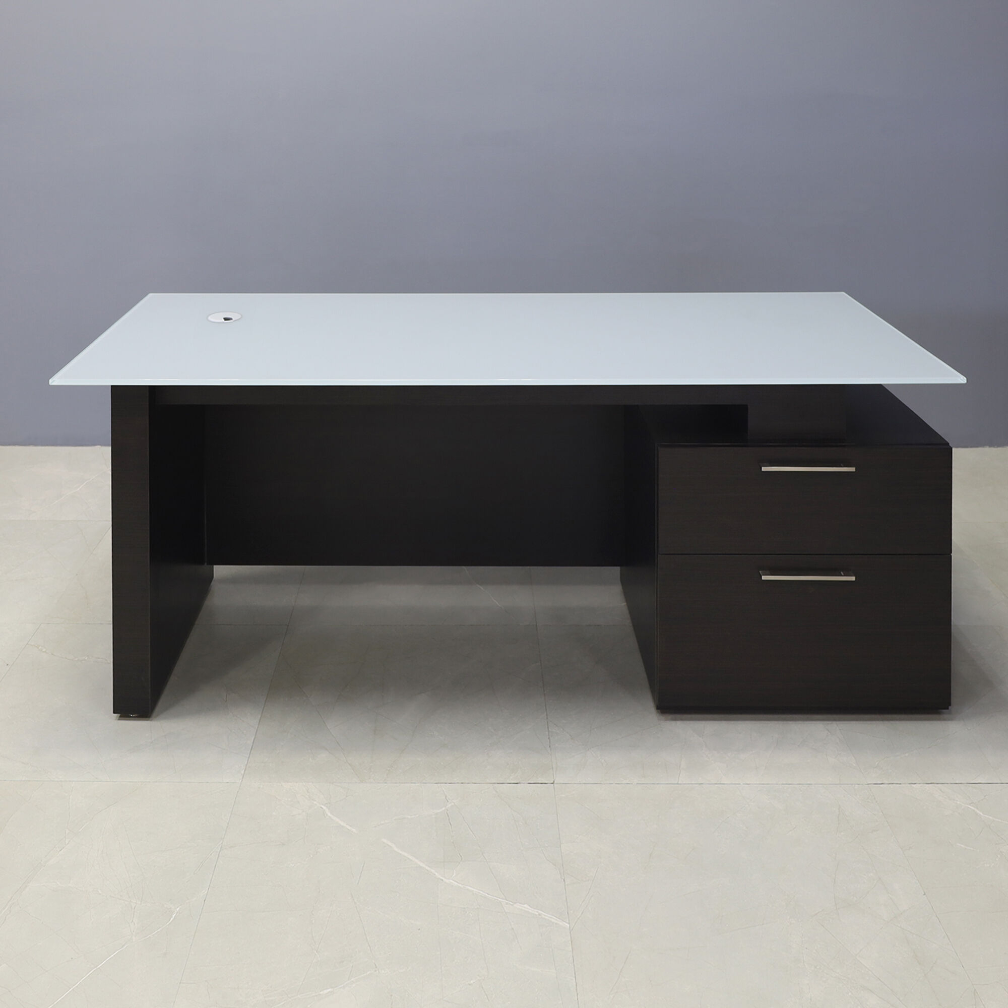72-inch Avenue Straight Executive Desk with 1/2" light gray tempered glass top and ebony recon matte laminate base & storage on right side when sitting with privacy panel, shown here.