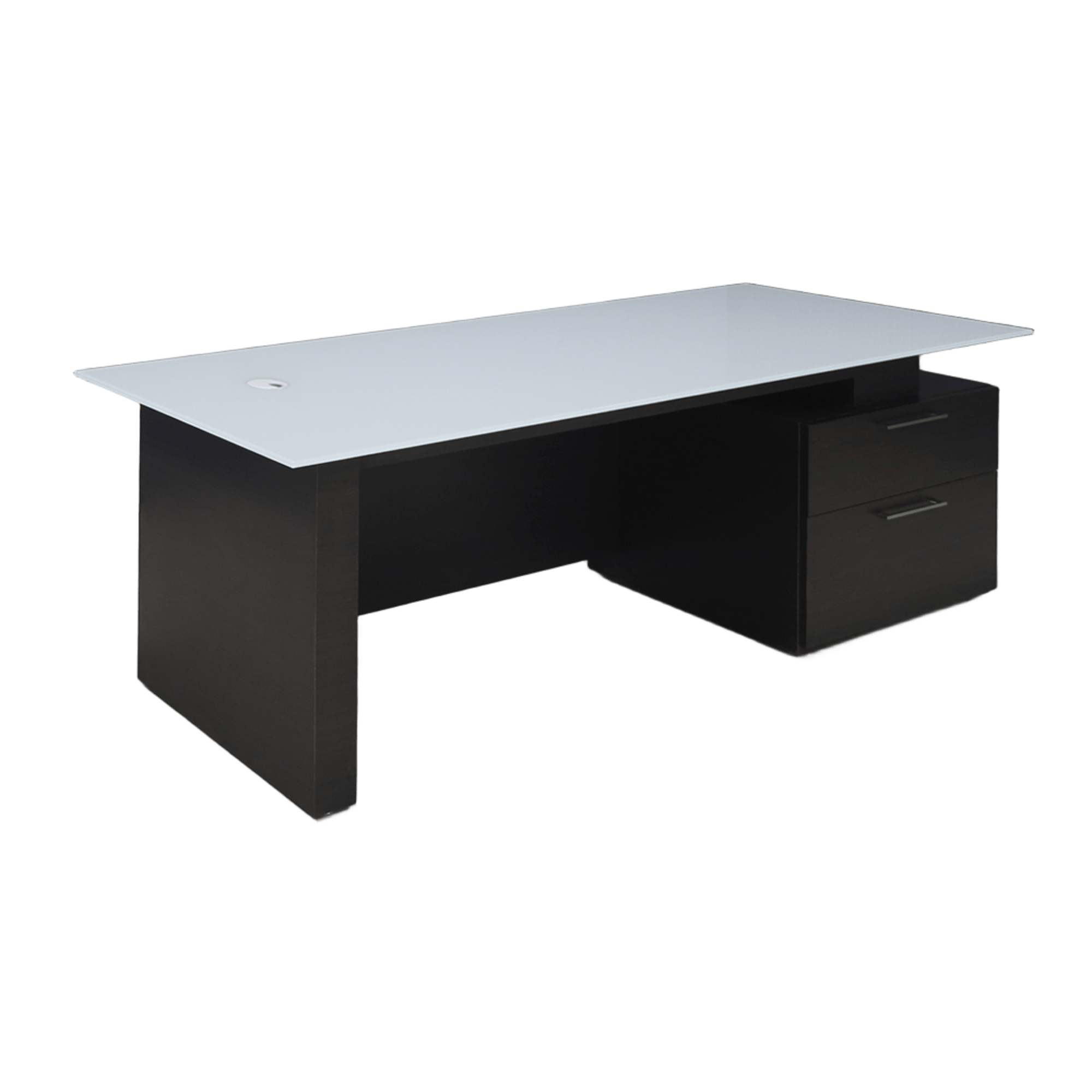 72-inch Avenue Straight Executive Desk with 1/2" light gray tempered glass top and ebony recon matte laminate base & storage on right side when sitting with privacy panel, shown here.