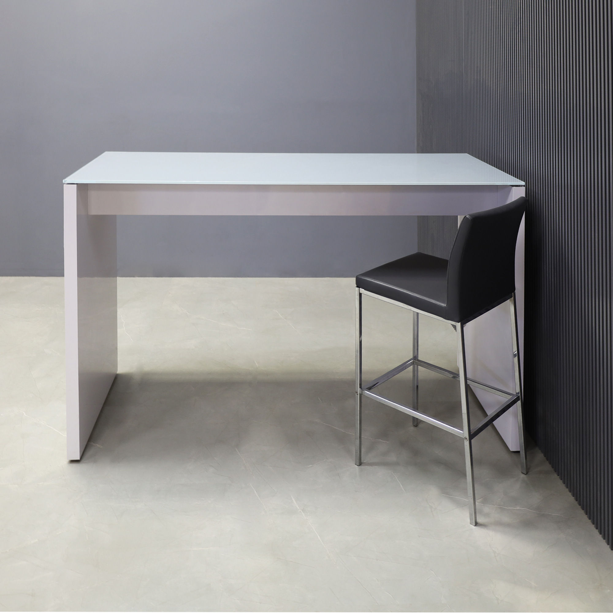 72-inch width x 42-inch height, Ashville Tempered Glass Collaboration Table in 1/2" light gray tempered glass top and white gloss laminate base, shown here.
