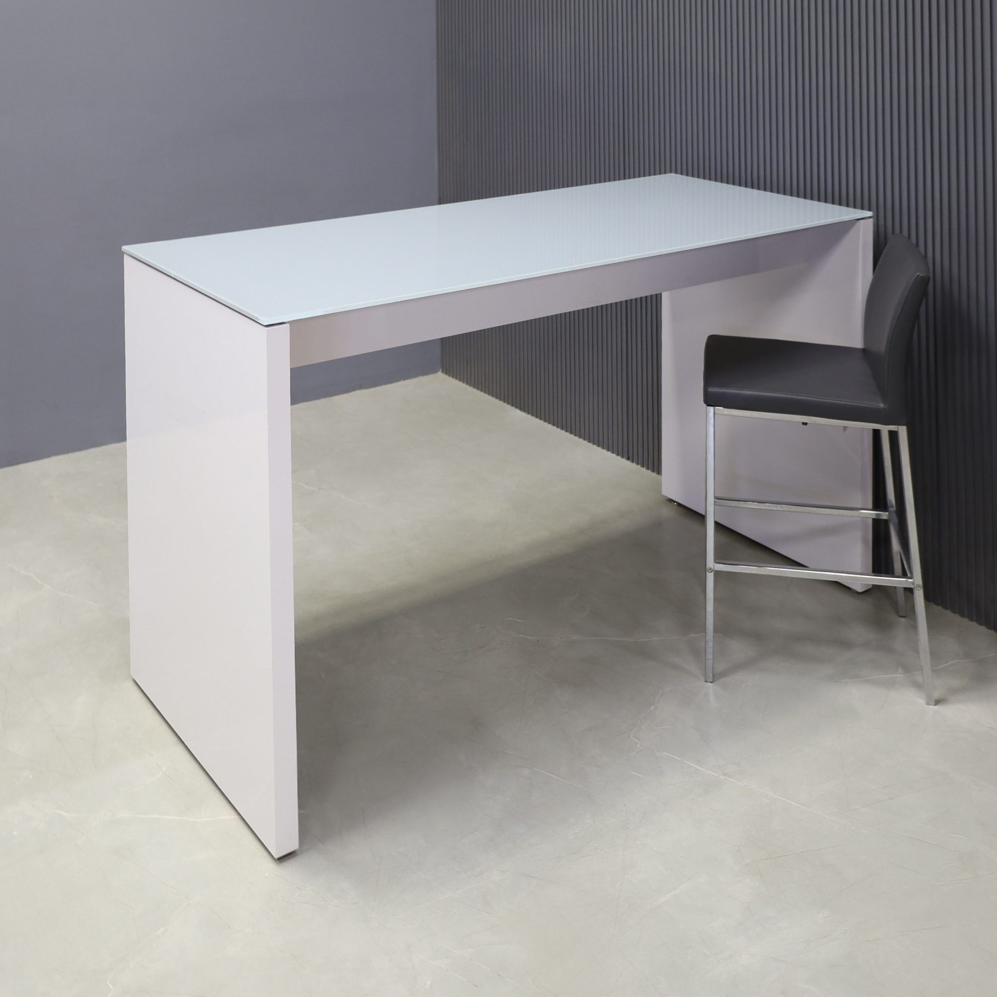 72-inch width x 42-inch height, Ashville Tempered Glass Collaboration Table in 1/2" light gray tempered glass top and white gloss laminate base, shown here.
