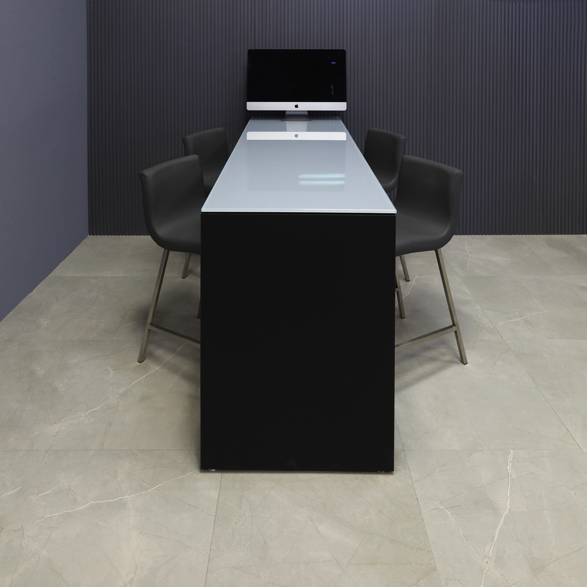 72-inch width x 42-inch height, Ashville Tempered Glass Collaboration Table in 1/2" medium gray tempered glass top and black matte laminate base, shown here.