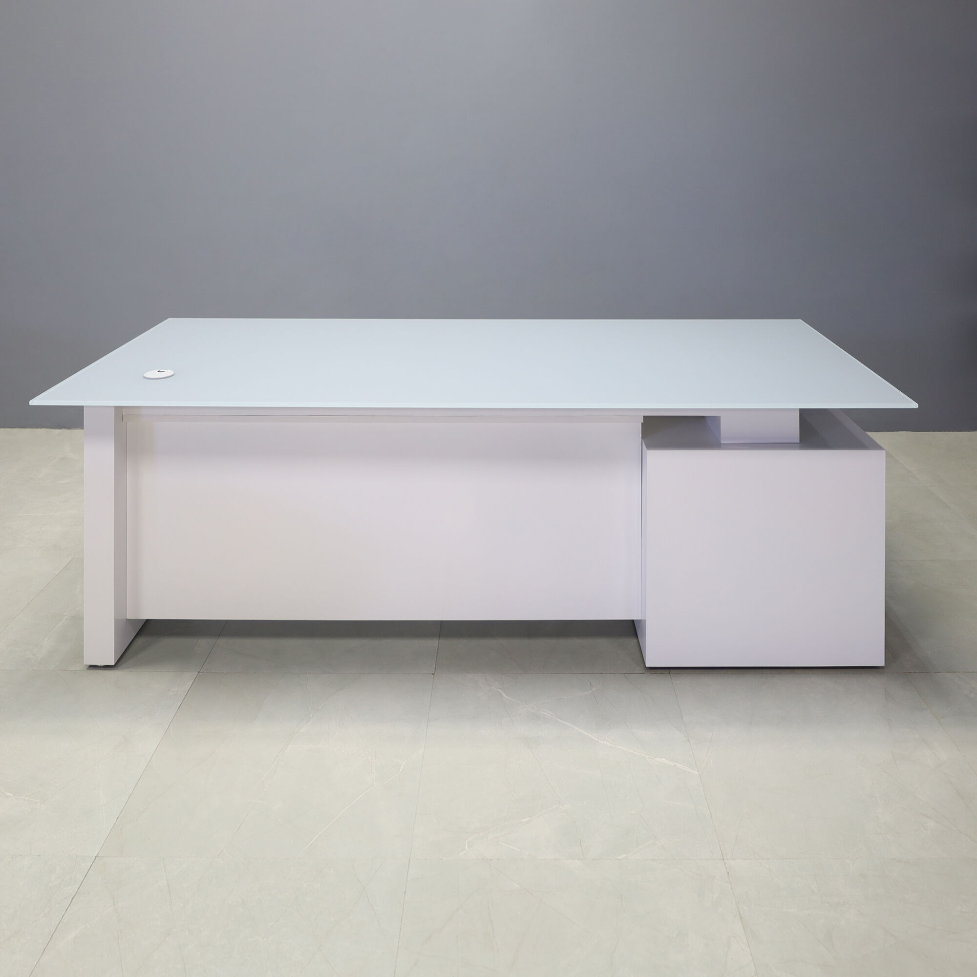 72-inch Avenue Straight Executive Desk with 1/2" meidum gray tempered glass top and white gloss laminate base & storage on left side when sitting with privacy panel, shown here.