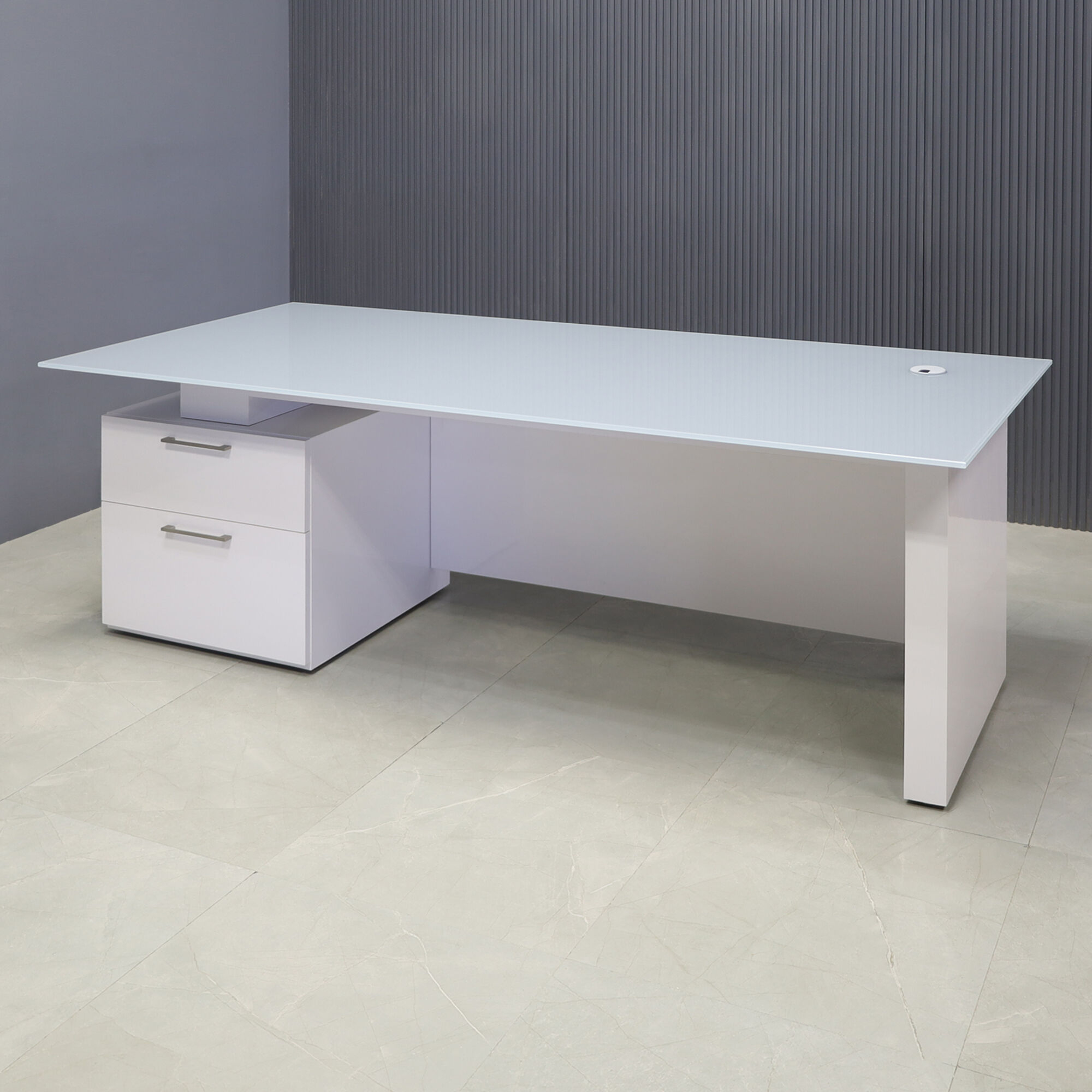 72-inch Avenue Straight Executive Desk with 1/2" meidum gray tempered glass top and white gloss laminate base & storage on left side when sitting with privacy panel, shown here.