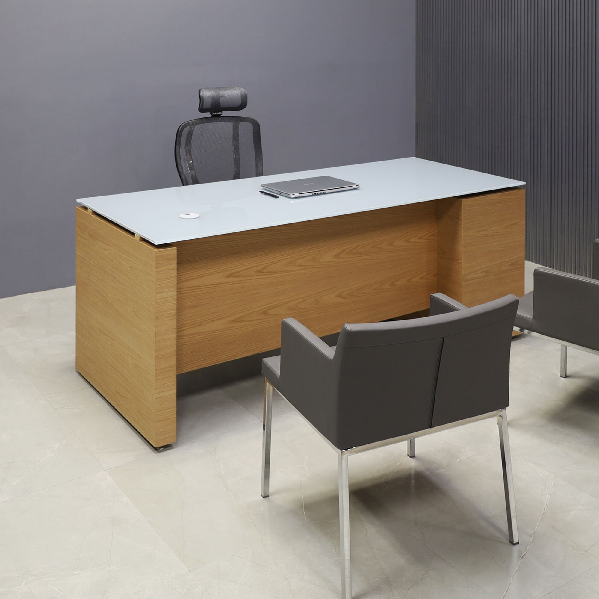 Denver Straight Executive Desk with cabinet in 1/2" Medium Gray Tempered Glass Top - 72 In. - Stock #35