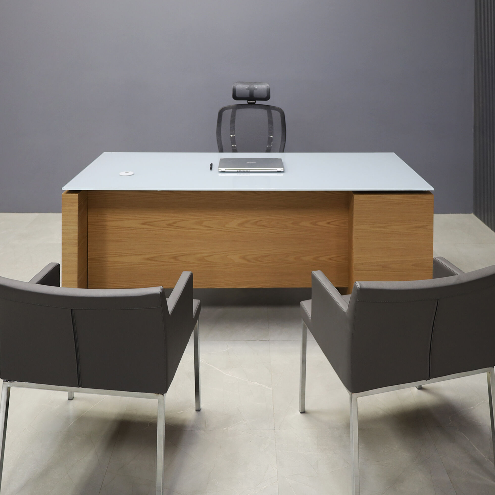 72-inch Denver Straight Executive Desk with cabinet on left side when sitting, in 1/2" medium gray tempered glass top and white oak veneer base, storage & privacy panel, shown here.
