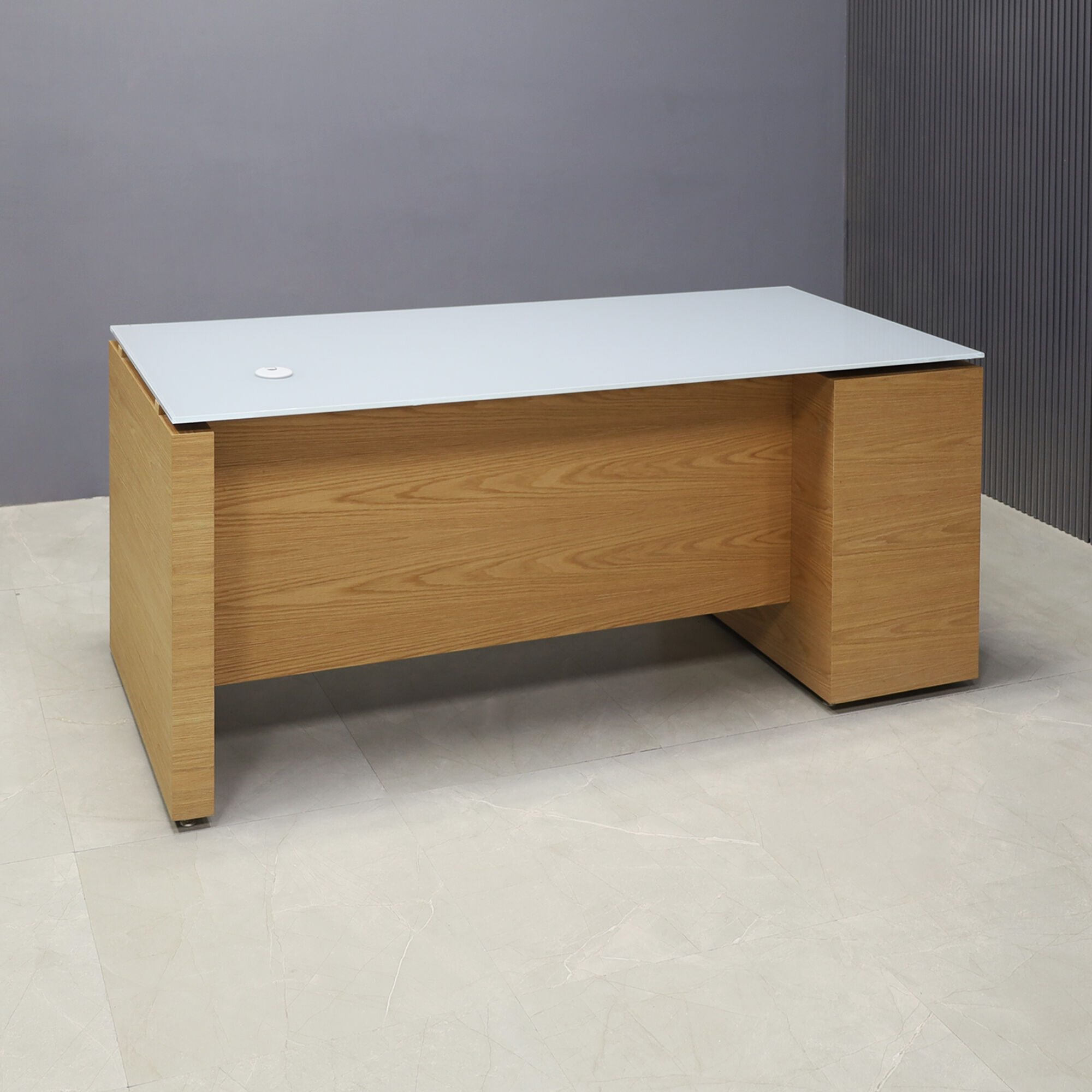 72-inch Denver Straight Executive Desk with cabinet on left side when sitting, in 1/2" medium gray tempered glass top and white oak veneer base, storage & privacy panel, shown here.