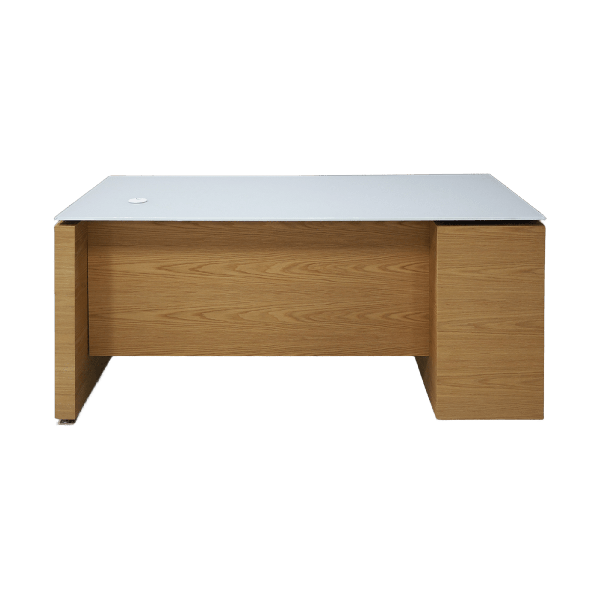 72-inch Denver Straight Executive Desk with cabinet on left side when sitting, in 1/2" medium gray tempered glass top and white oak veneer base, storage & privacy panel, shown here.