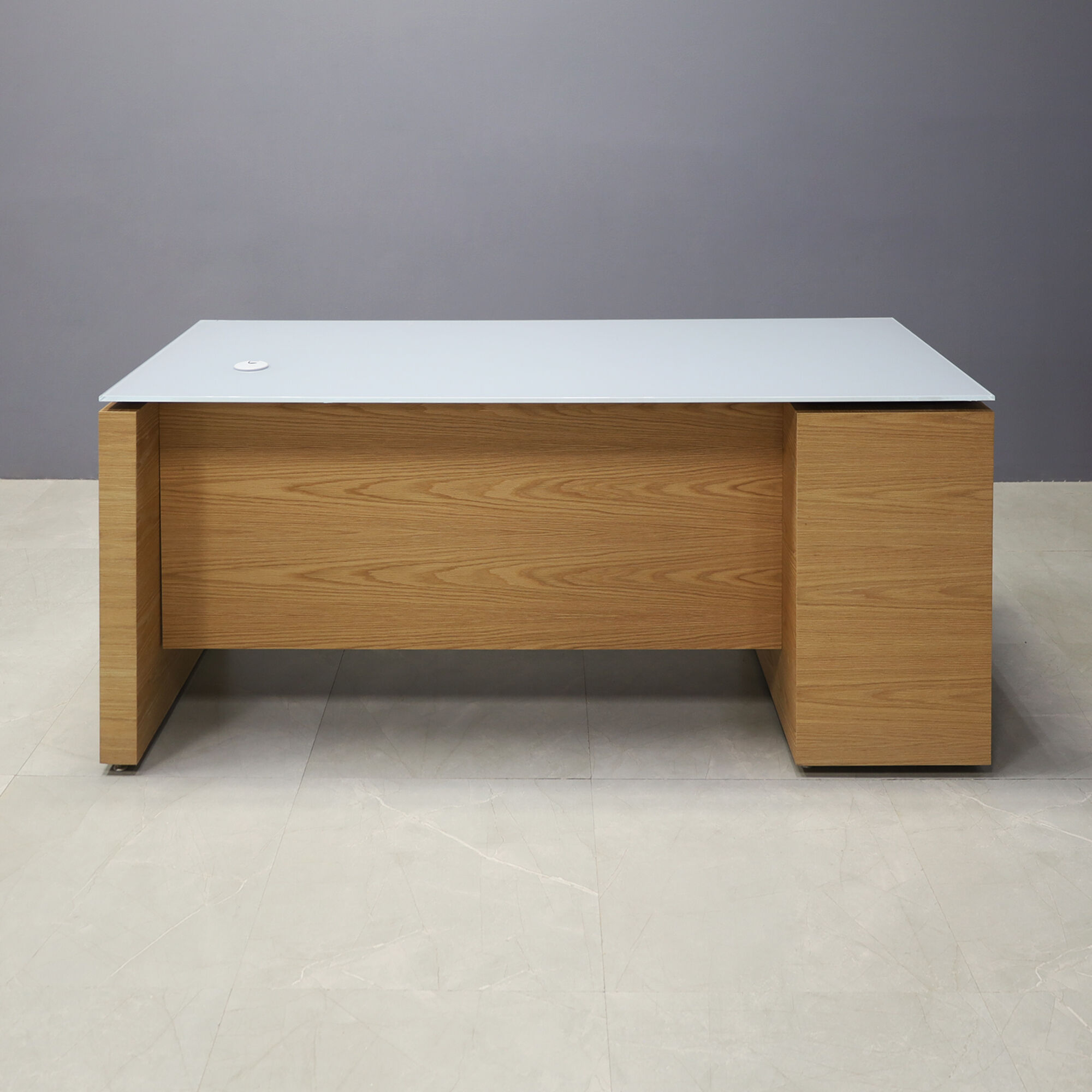 72-inch Denver Straight Executive Desk with cabinet on left side when sitting, in 1/2" medium gray tempered glass top and white oak veneer base, storage & privacy panel, shown here.