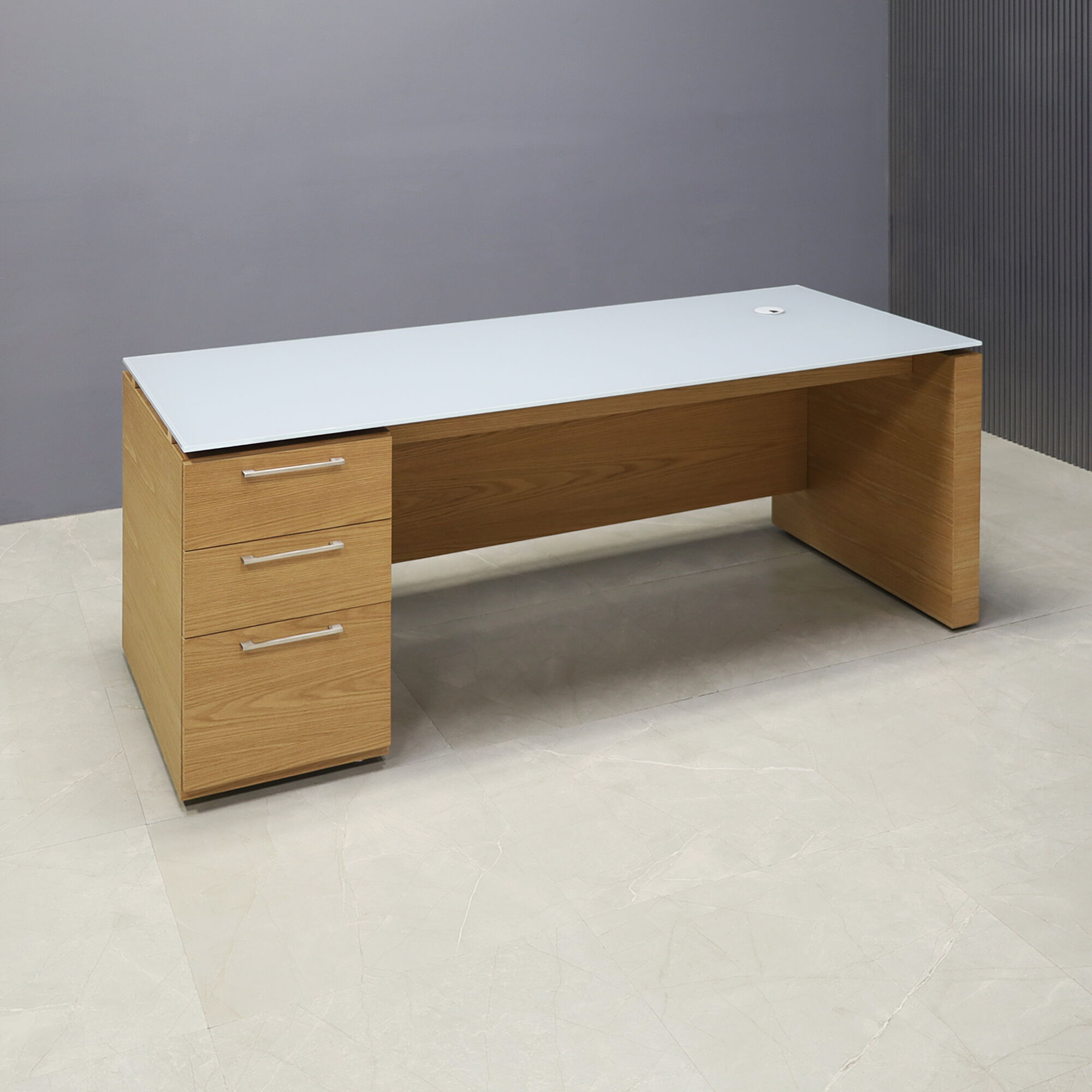 72-inch Denver Straight Executive Desk with cabinet on left side when sitting, in 1/2" medium gray tempered glass top and white oak veneer base, storage & privacy panel, shown here.