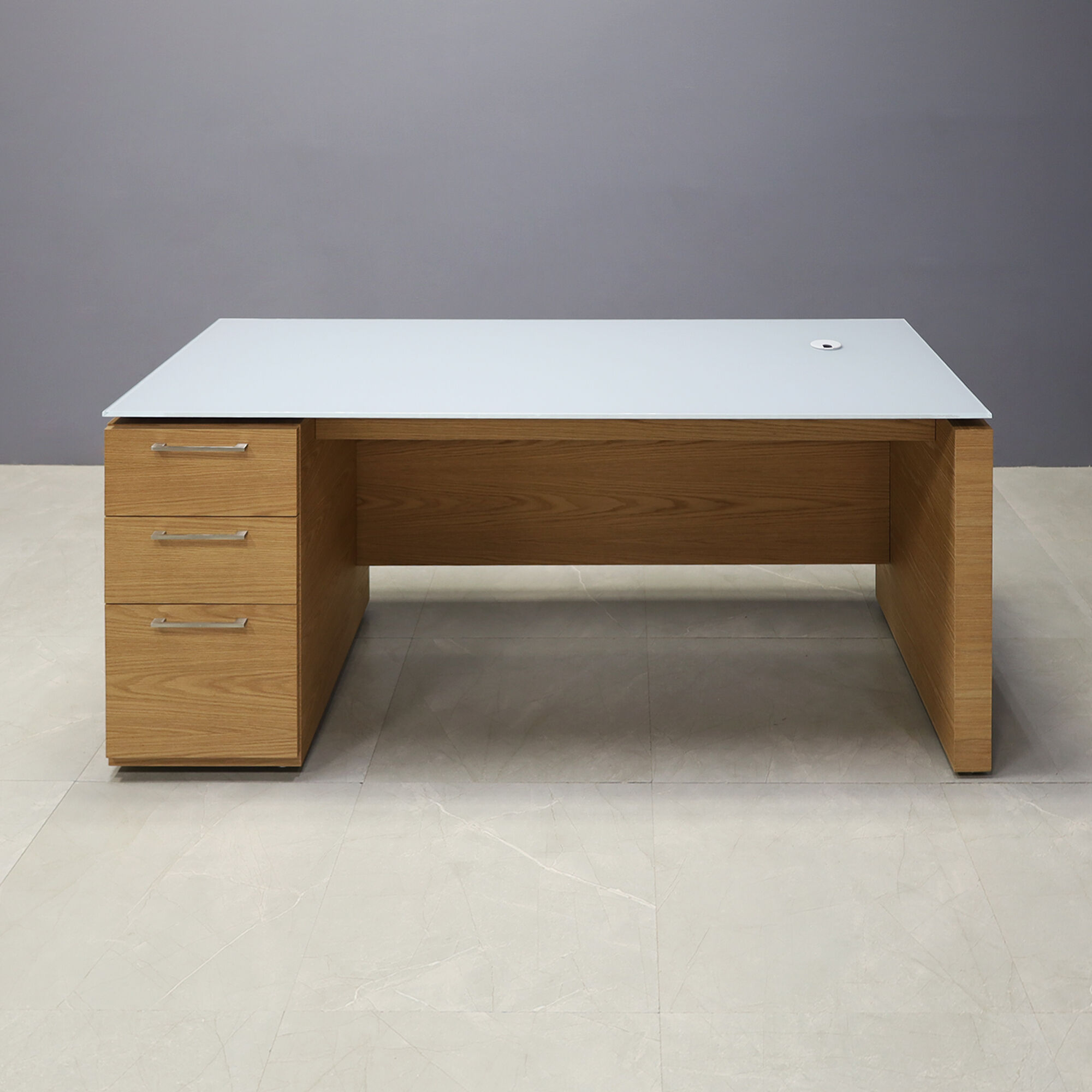 72-inch Denver Straight Executive Desk with cabinet on left side when sitting, in 1/2" medium gray tempered glass top and white oak veneer base, storage & privacy panel, shown here.