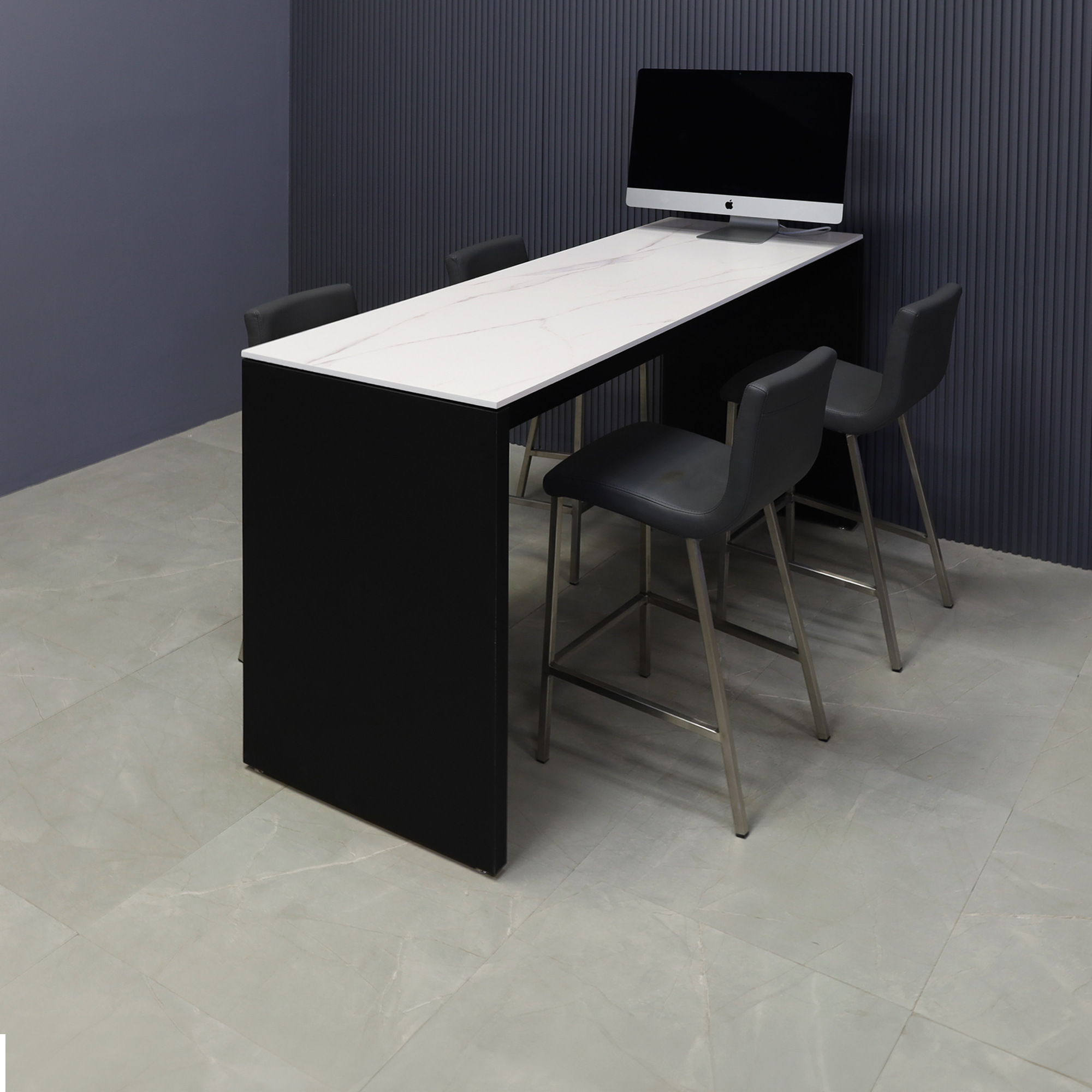 72-inch width x 42-inch height, Ashville Engineered Surface Collaboration Table in 1/2" solenne marble top and black traceless laminate base, shown here.