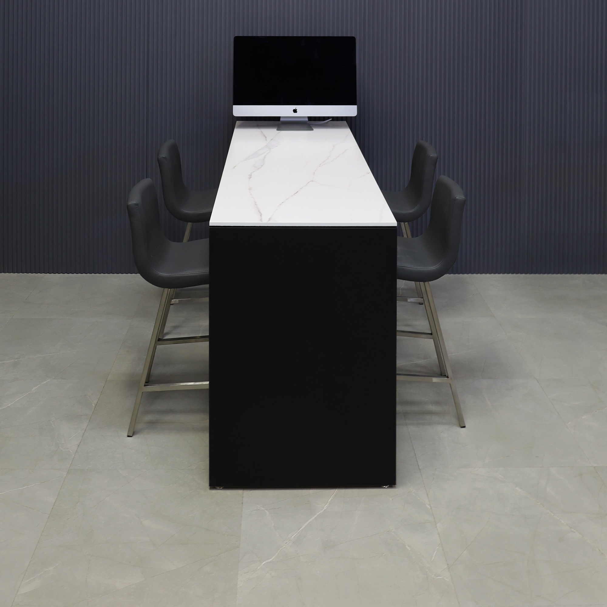 72-inch width x 42-inch height, Ashville Engineered Surface Collaboration Table in 1/2" solenne marble top and black traceless laminate base, shown here.