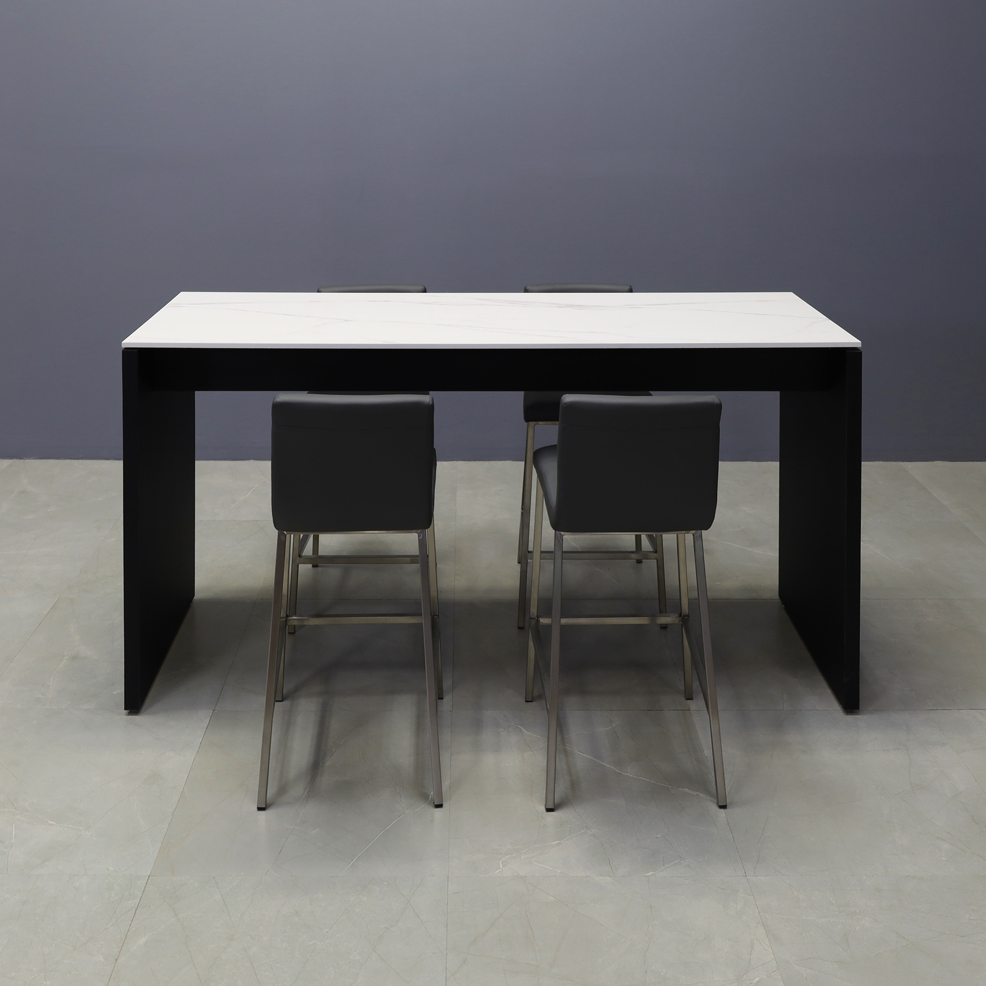 72-inch width x 42-inch height, Ashville Engineered Surface Collaboration Table in 1/2" solenne marble top and black traceless laminate base, shown here.