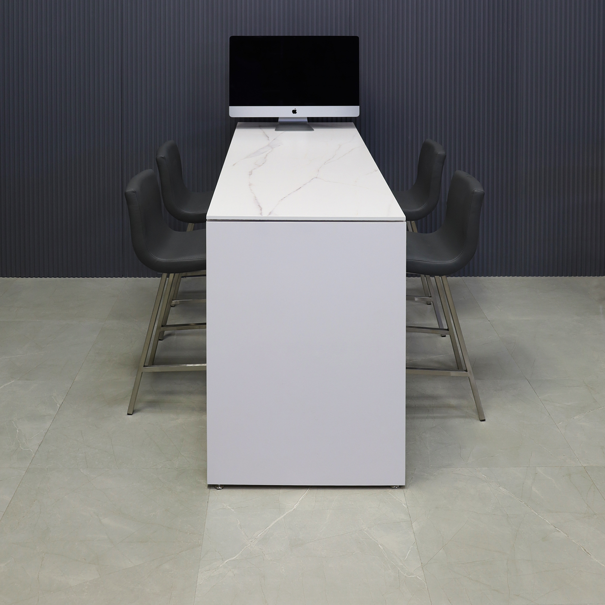 72-inch width x 42-inch height, Ashville Engineered Surface Collaboration Table in 1/2" solenne marble top and white gloss laminate base, shown here.