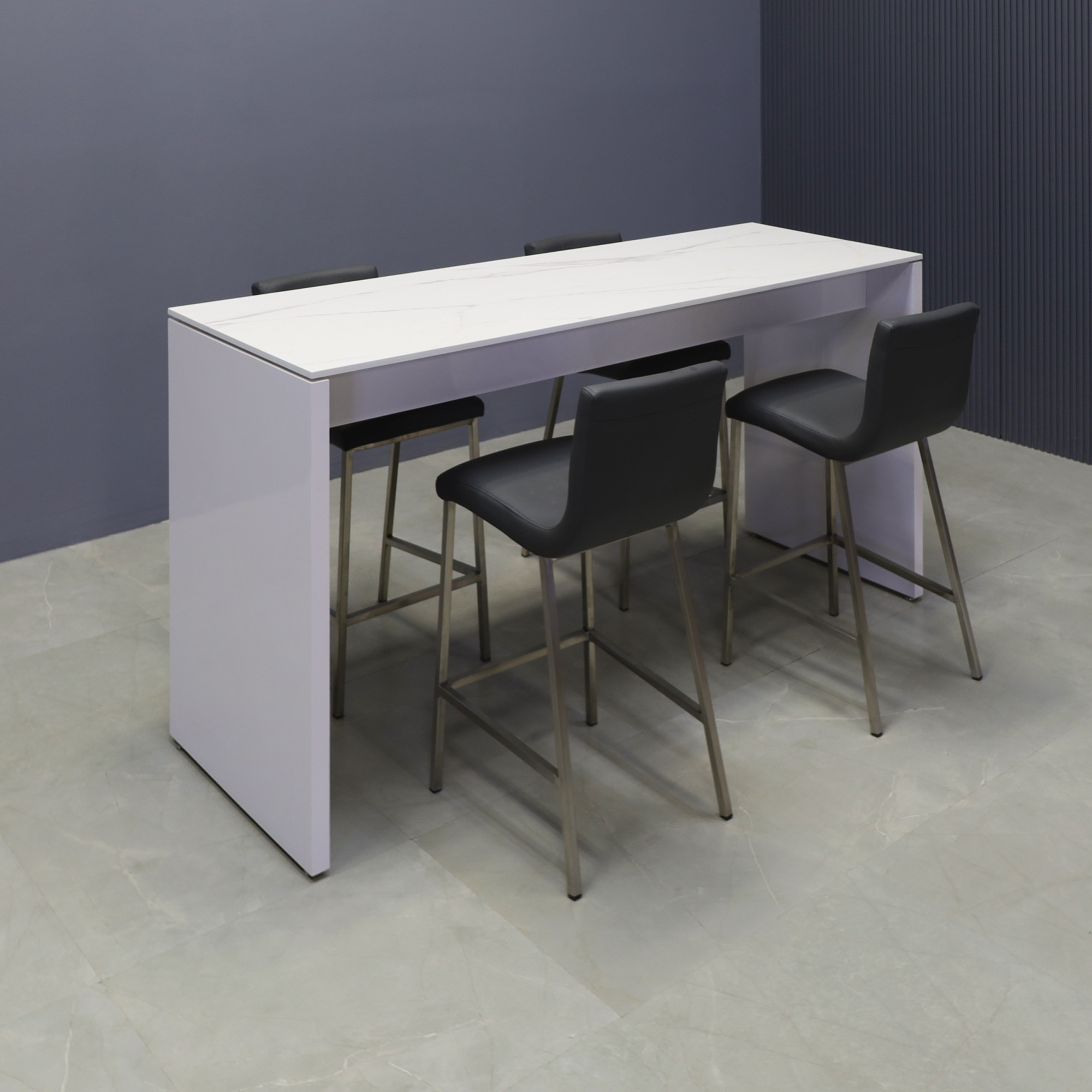 72-inch width x 42-inch height, Ashville Engineered Surface Collaboration Table in 1/2" solenne marble top and white gloss laminate base, shown here.