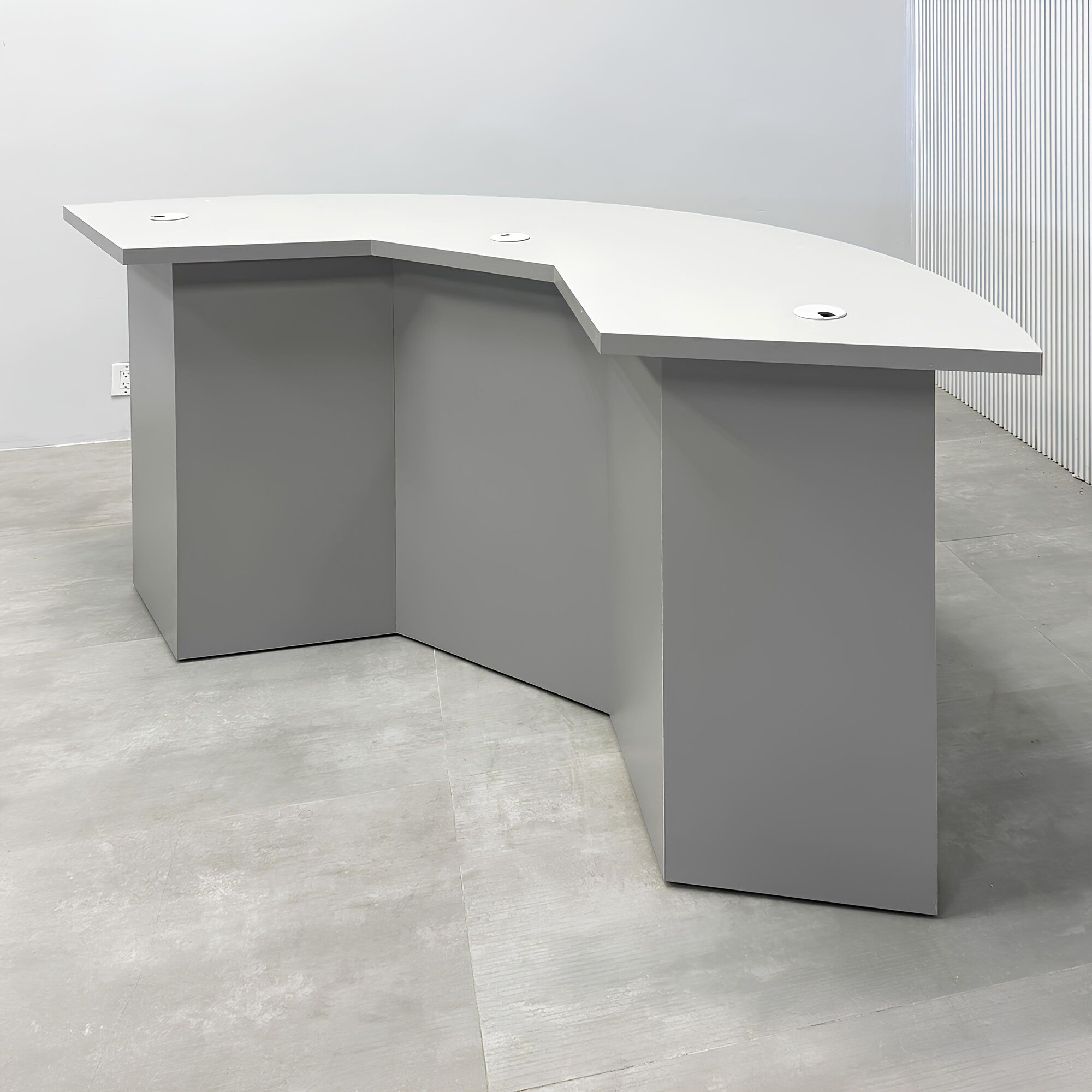 72-inches Tampa Bay Handmade Podcast Table with light gray matte laminate top, and fog gray matte laminate front base.