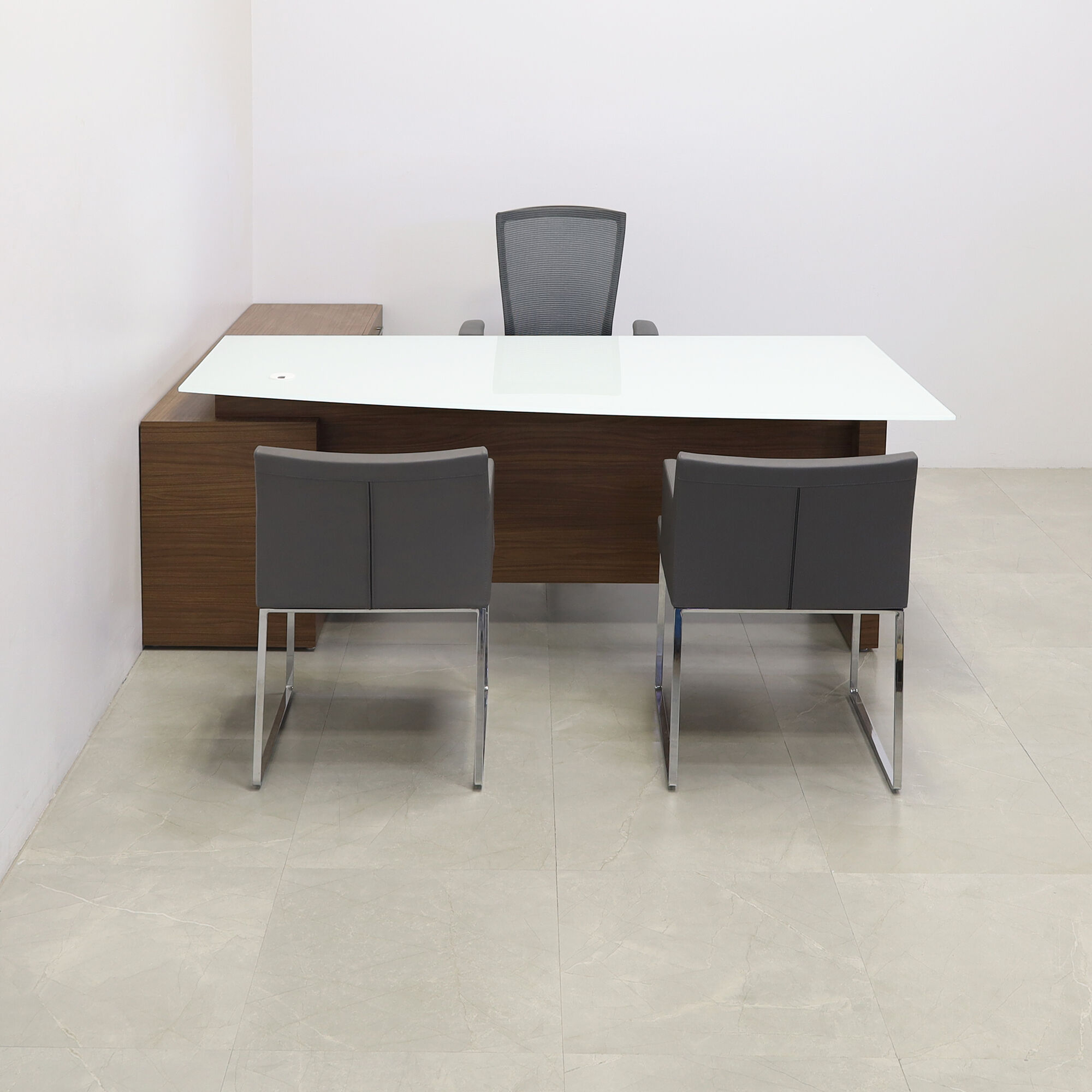 72-inch Avenue Curved Executive Desk with credenza on the right side when sitting, with 1/2" white tempered glass top, walnut heights matte laminate base, credenza & privacy panel, shown here.