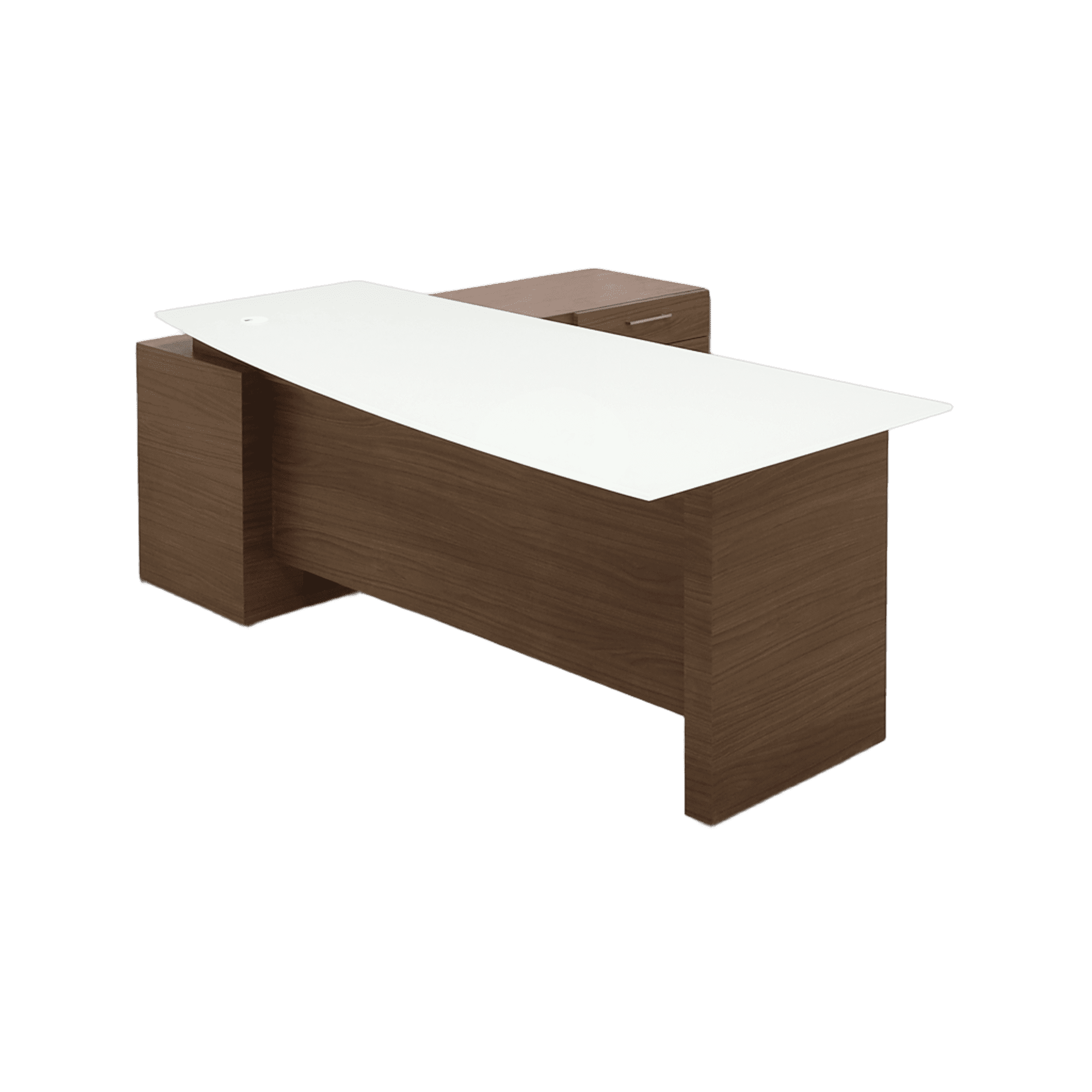 72-inch Avenue Curved Executive Desk with credenza on the right side when sitting, with 1/2" white tempered glass top, walnut heights matte laminate base, credenza & privacy panel, shown here.