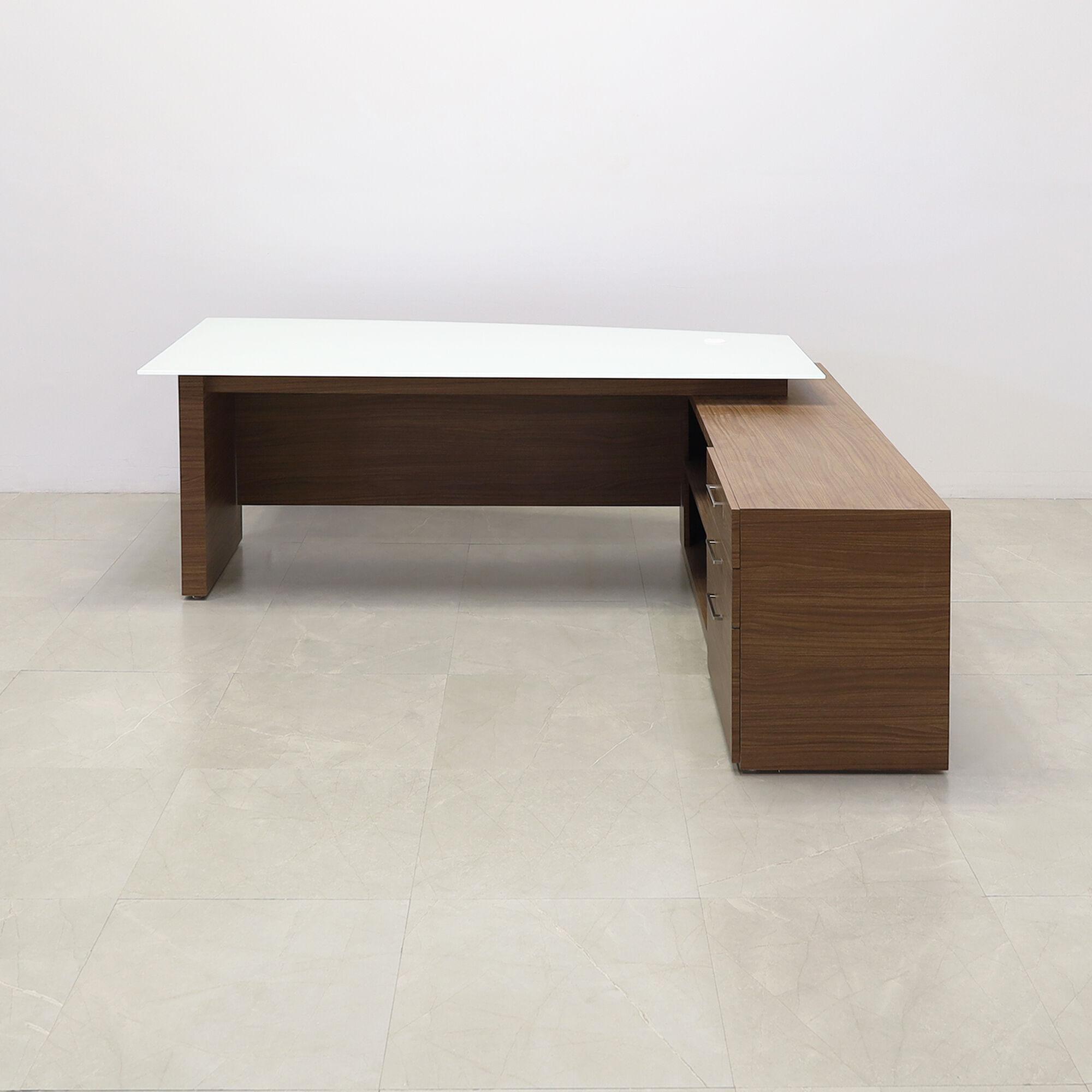 72-inch Avenue Curved Executive Desk with credenza on the right side when sitting, with 1/2" white tempered glass top, walnut heights matte laminate base, credenza & privacy panel, shown here.