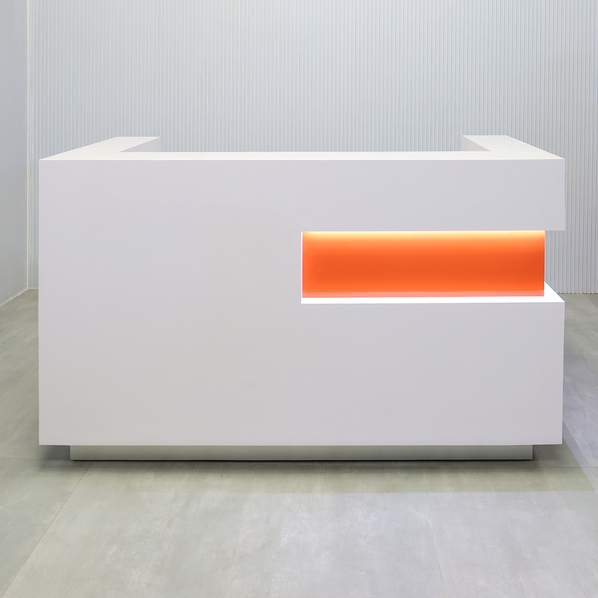 72-inch Manhattan U-Shape Reception Desk with white gloss laminate desk, pantone 021 organe gloss paint (Special) laminate accent panel, brushed aluminum toe-kick, and white LED.