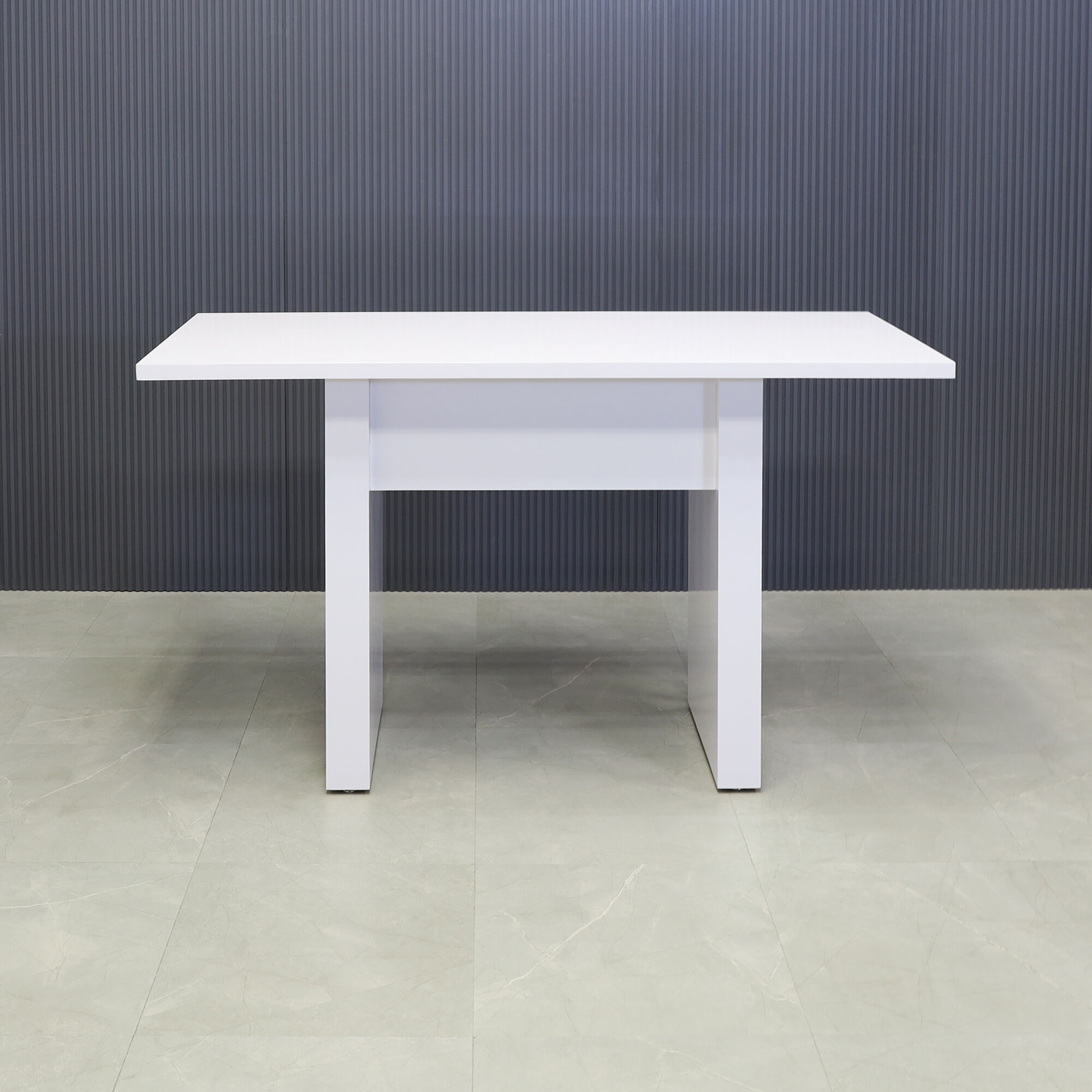 72-inch Windsor Bar Table in white gloss laminate top and base.