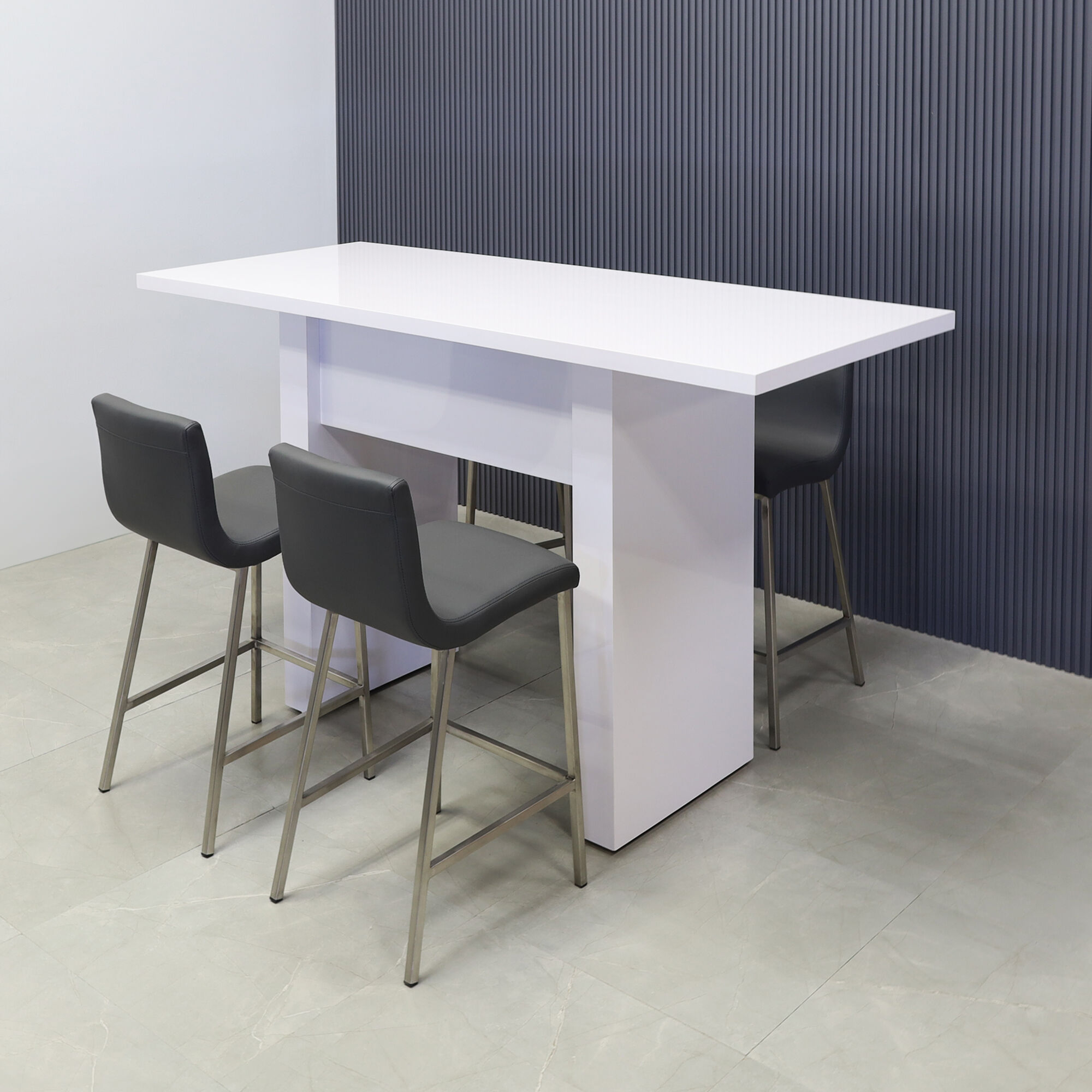 72-inch Windsor Bar Table in white gloss laminate top and base.