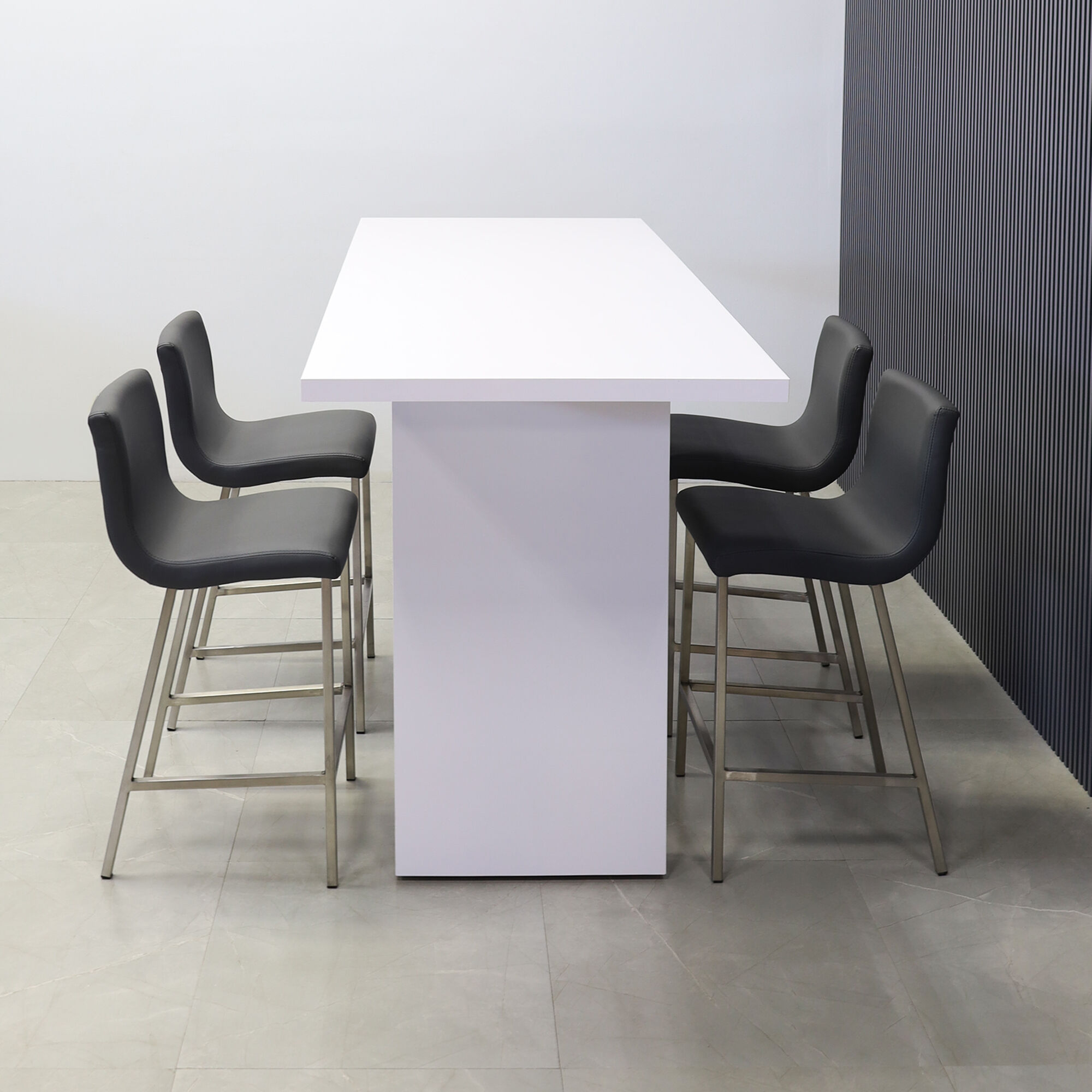 72-inch Windsor Bar Table in white gloss laminate top and base.