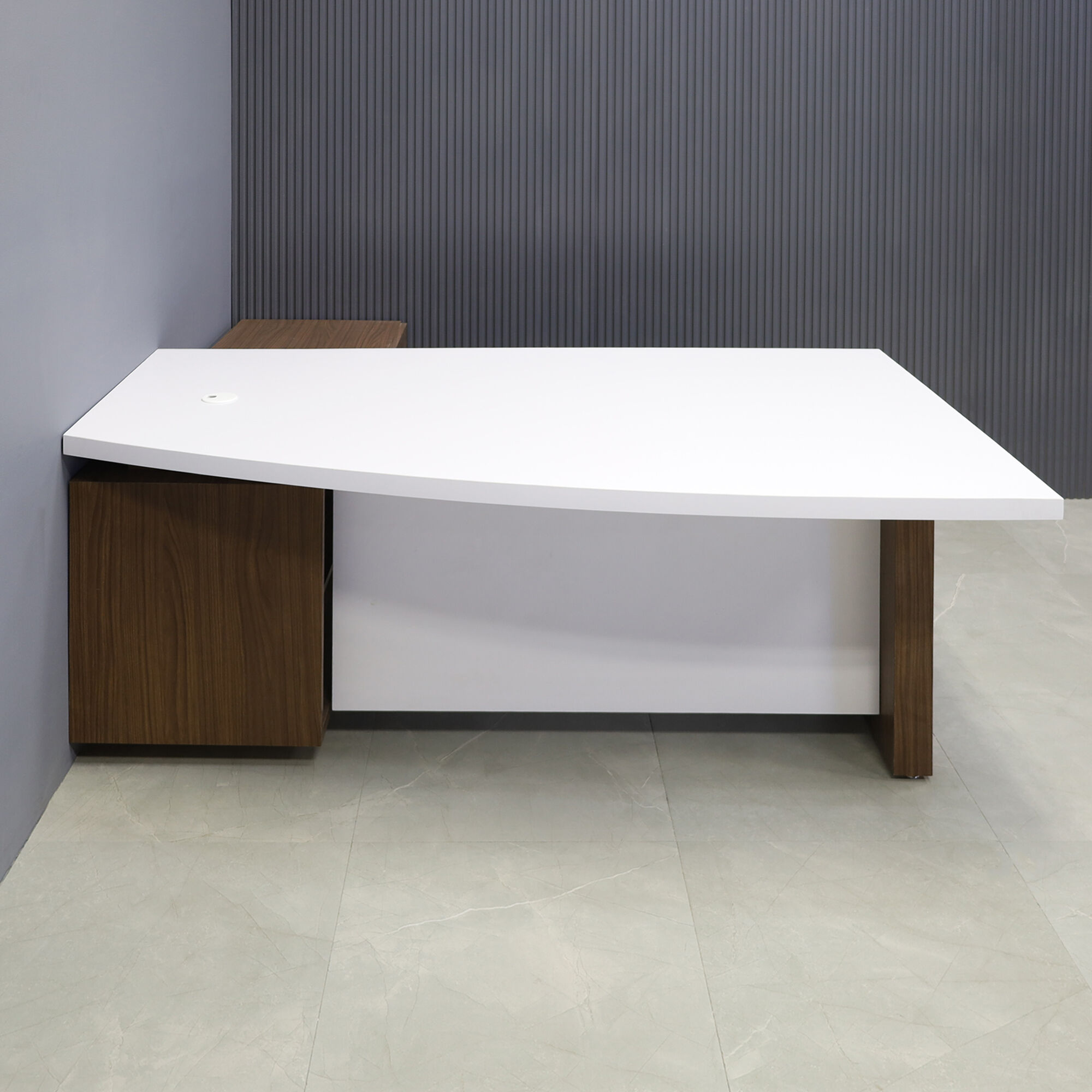 72-inch Avenue Curved Executive Desk with white matte laminate top & privacy panel, walnut heights matte laminate base leg & credenza.