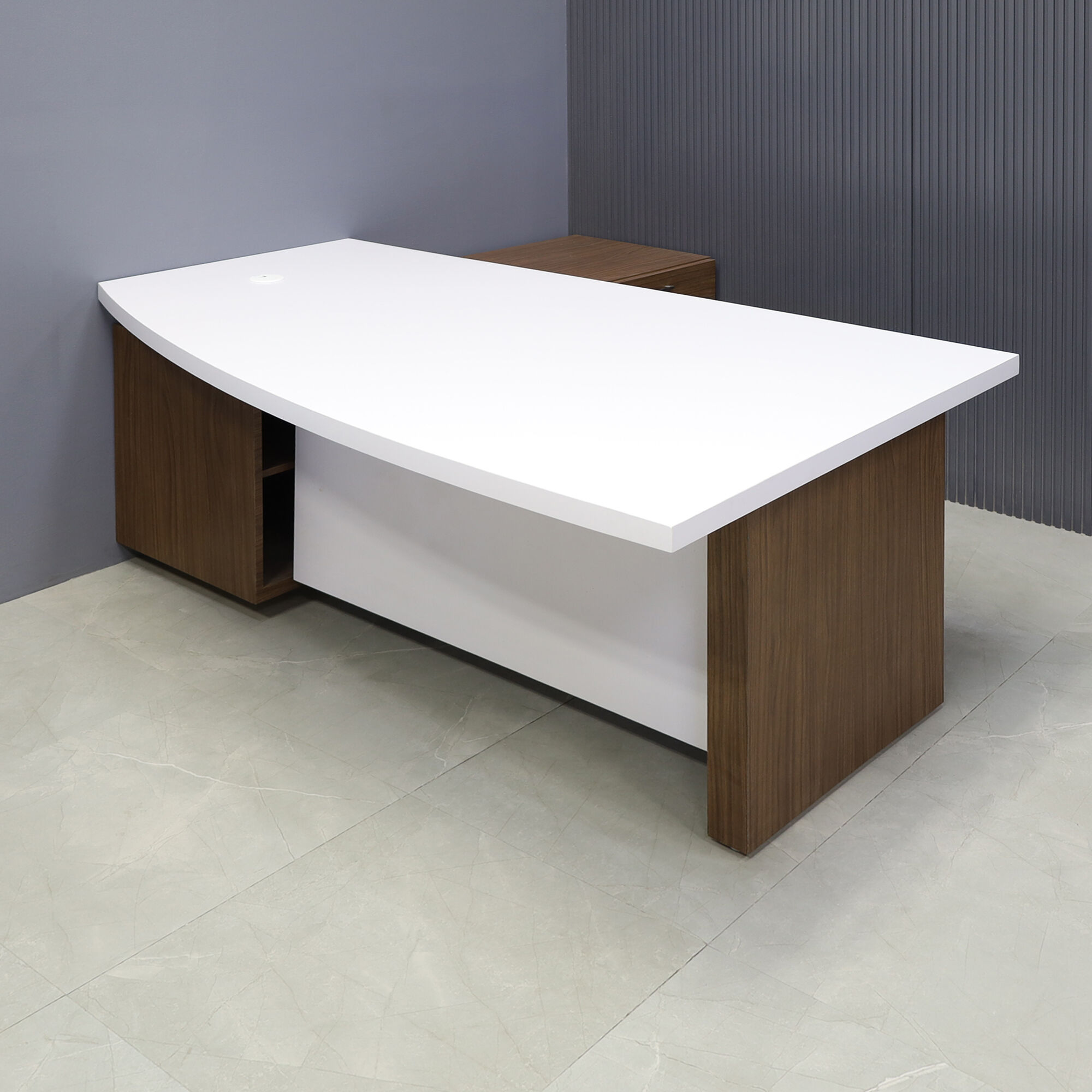 72-inch Avenue Curved Executive Desk with white matte laminate top & privacy panel, walnut heights matte laminate base leg & credenza.